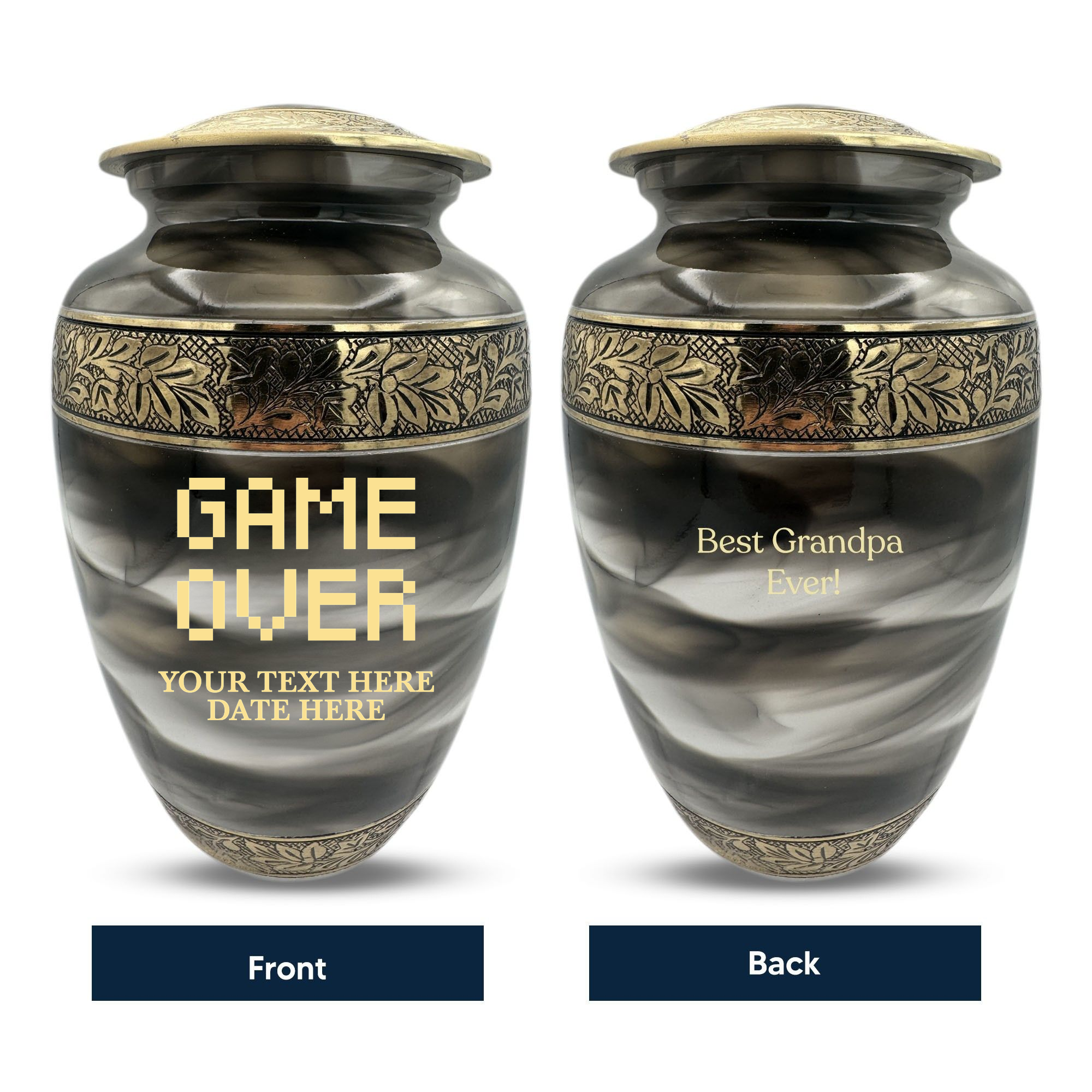 Custom Aluminum Human Urns - Suzesta Pearl White Memorial Urn - Funny Gaming Design - 200 Cubic Inch