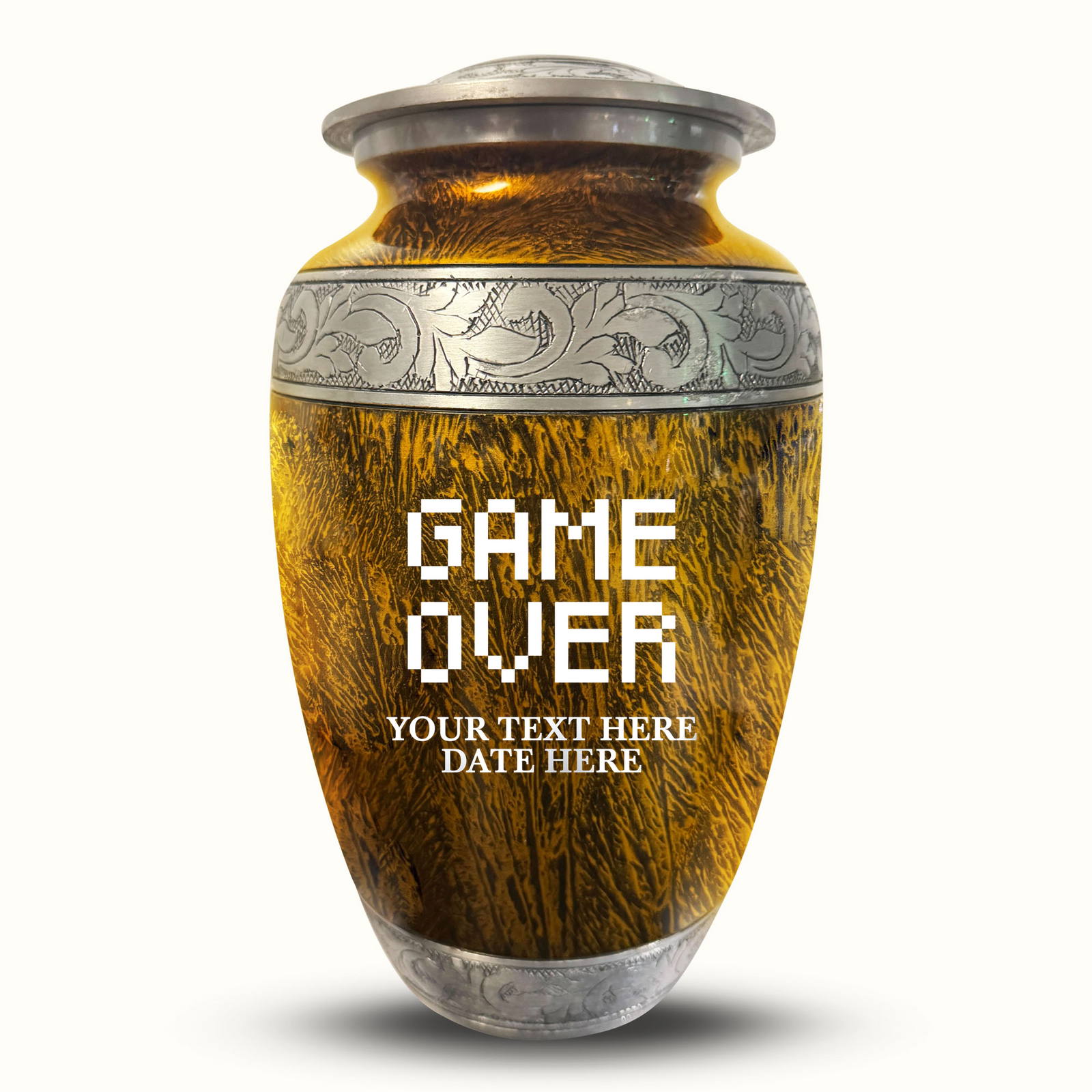 Custom Aluminum Human Urn - Elevate Collection - Funny Gaming Design - Distressed Finish - 200 Cubic Inch