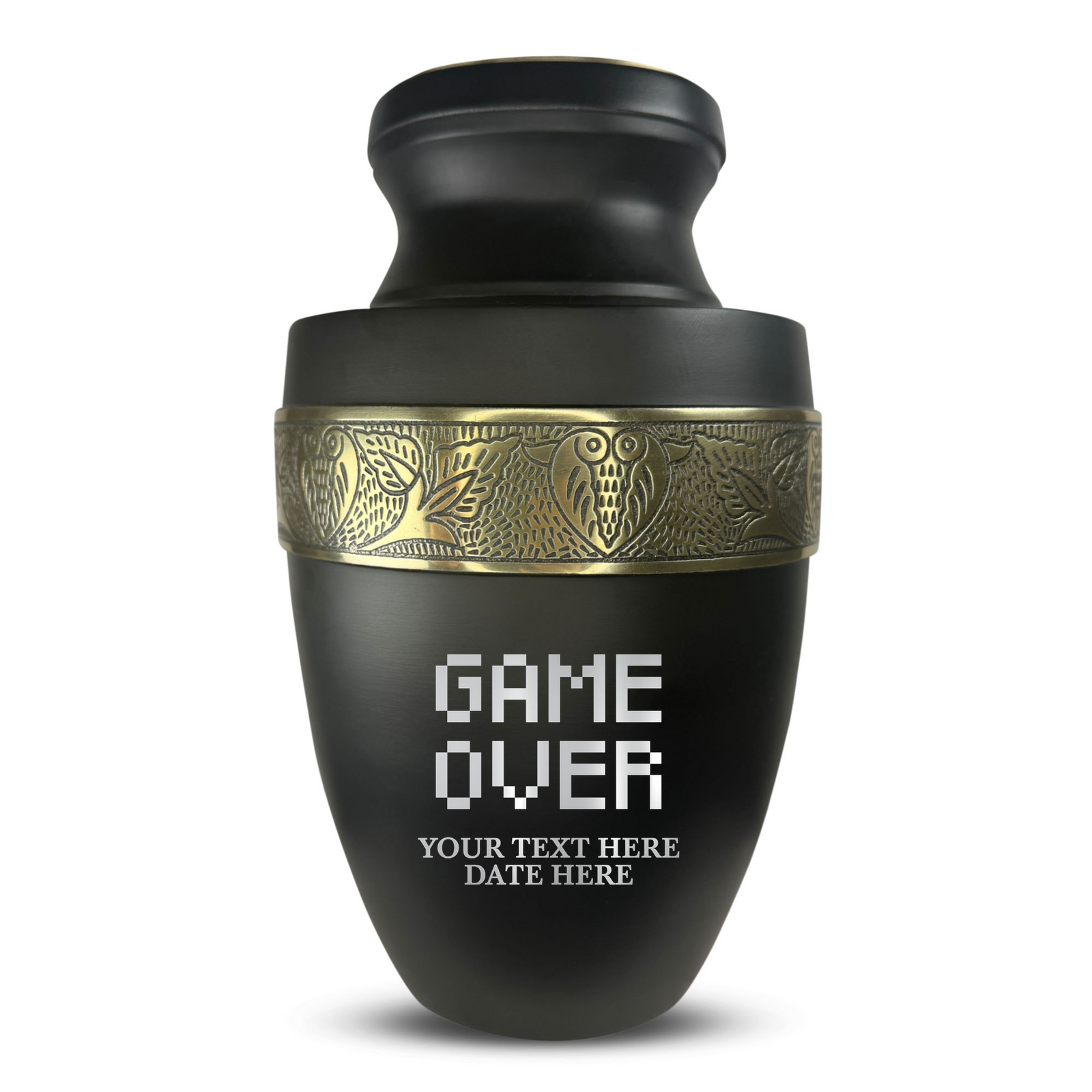 Custom Aluminum Human Urn - Funny Gaming Design - Elite Collection with Gold Inlay - 200 Cubic Inch