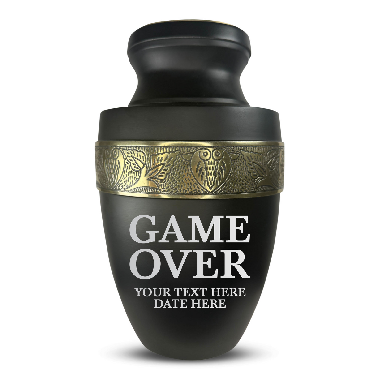 Custom Aluminum Human Urn - Funny Gaming Design - Elite Collection with Gold Inlay - 200 Cubic Inch