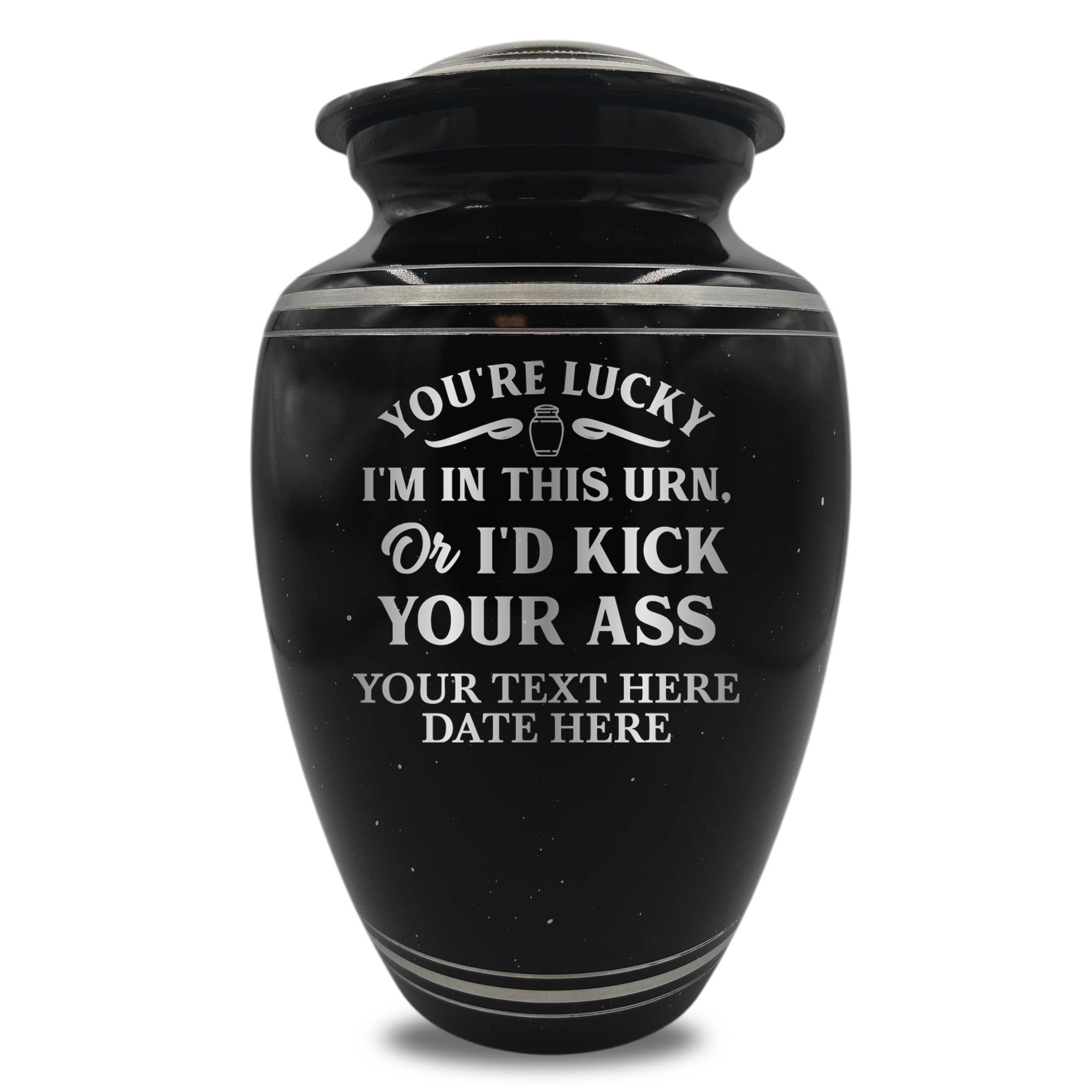 Spotted Black Aluminum with Silver Rim Human Cremation Urn - 200 Cubic Inch | Just Funny Memorial