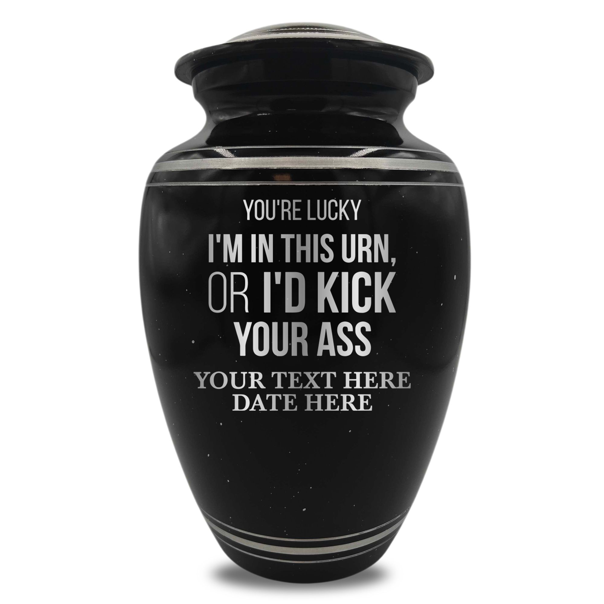 Spotted Black Aluminum with Silver Rim Human Cremation Urn - 200 Cubic Inch | Just Funny Memorial