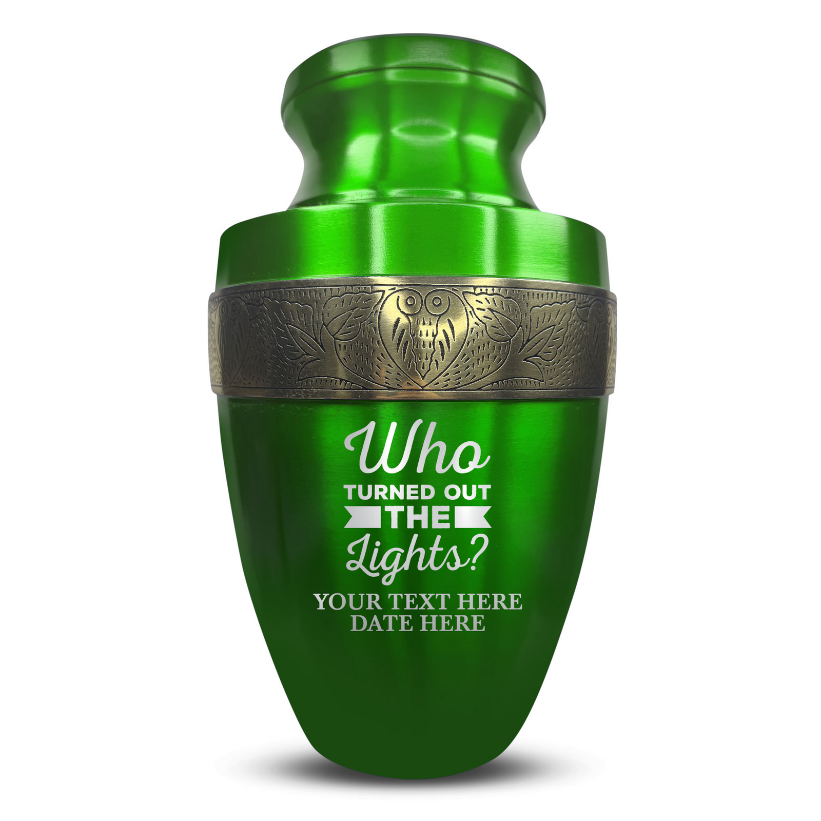 Personalized Adult Human Cremation Urn with Custom Name Date on Gold Rim Container for Ashes and Men or Women Cremains | Elite Just Funny Urn Series | 200 Lbs | Who Turned Out The Lights