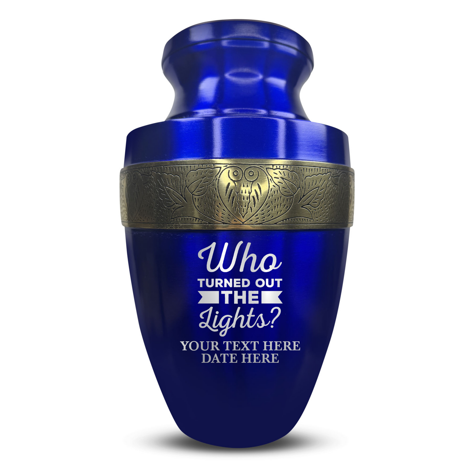 Personalized Adult Human Cremation Urn with Custom Name Date on Gold Rim Container for Ashes and Men or Women Cremains | Elite Just Funny Urn Series | 200 Lbs | Who Turned Out The Lights
