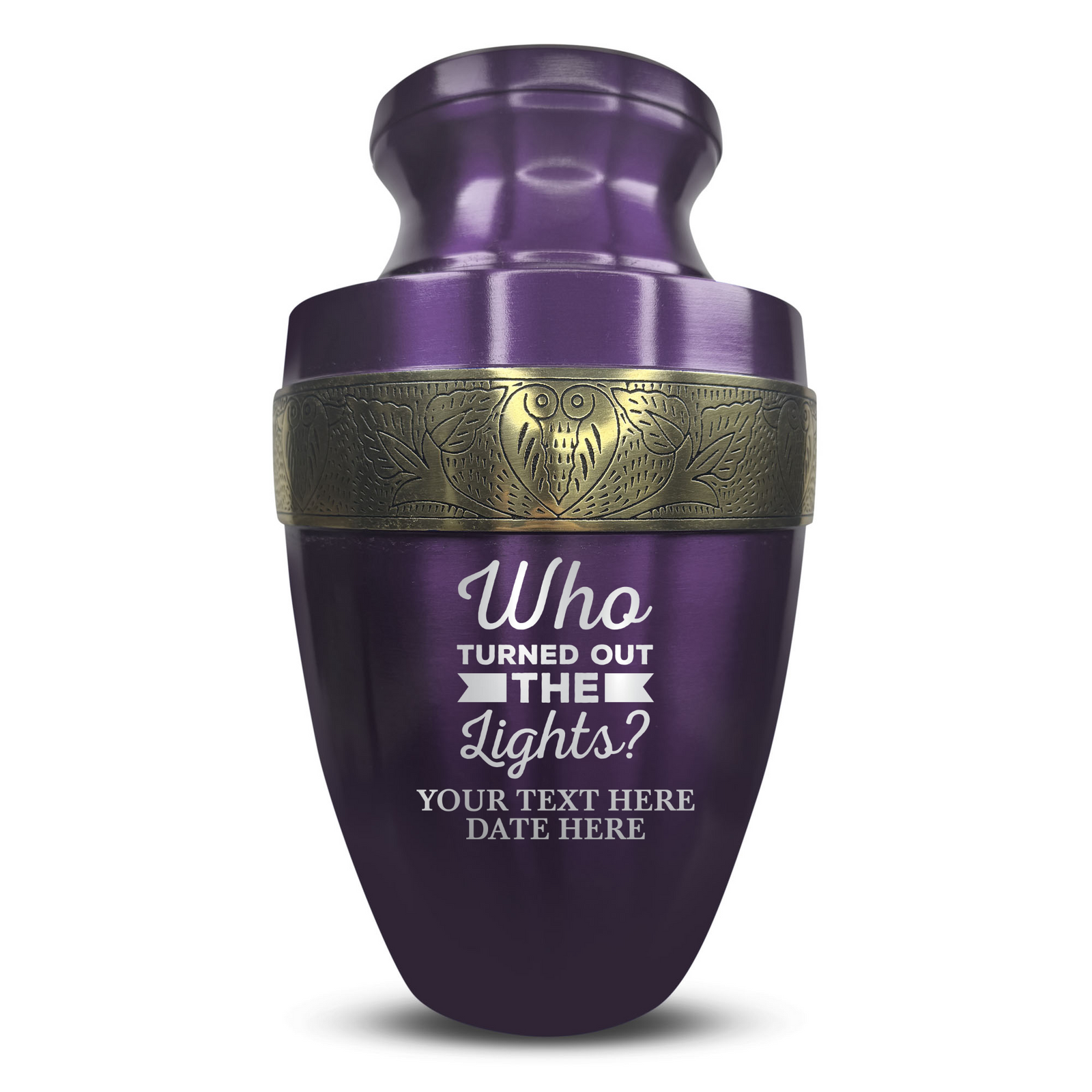Personalized Adult Human Cremation Urn with Custom Name Date on Gold Rim Container for Ashes and Men or Women Cremains | Elite Just Funny Urn Series | 200 Lbs | Who Turned Out The Lights