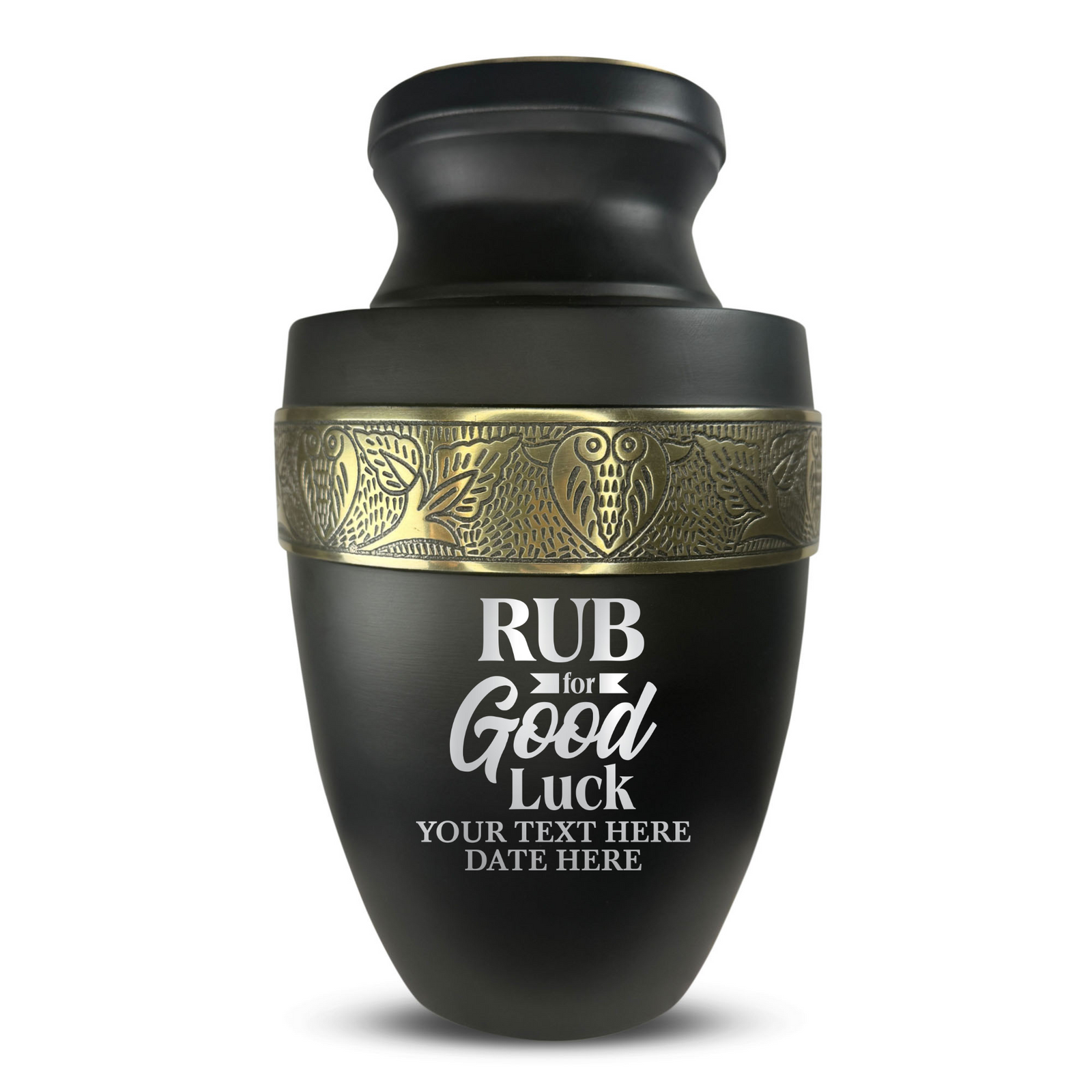 Personalized Adult Human Cremation Urn with Custom Name Date on Gold Rim Container for Ashes and Men or Women Cremains | Elite Just Funny Urn Series | 200 Lbs | Rub For Goodluck