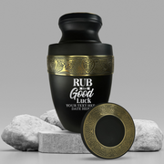 Personalized Adult Human Cremation Urn with Custom Name Date on Gold Rim Container for Ashes and Men or Women Cremains | Elite Just Funny Urn Series | 200 Lbs | Rub For Goodluck