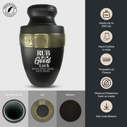 Personalized Adult Human Cremation Urn with Custom Name Date on Gold Rim Container for Ashes and Men or Women Cremains | Elite Just Funny Urn Series | 200 Lbs | Rub For Goodluck