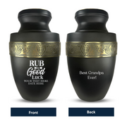 Personalized Adult Human Cremation Urn with Custom Name Date on Gold Rim Container for Ashes and Men or Women Cremains | Elite Just Funny Urn Series | 200 Lbs | Rub For Goodluck