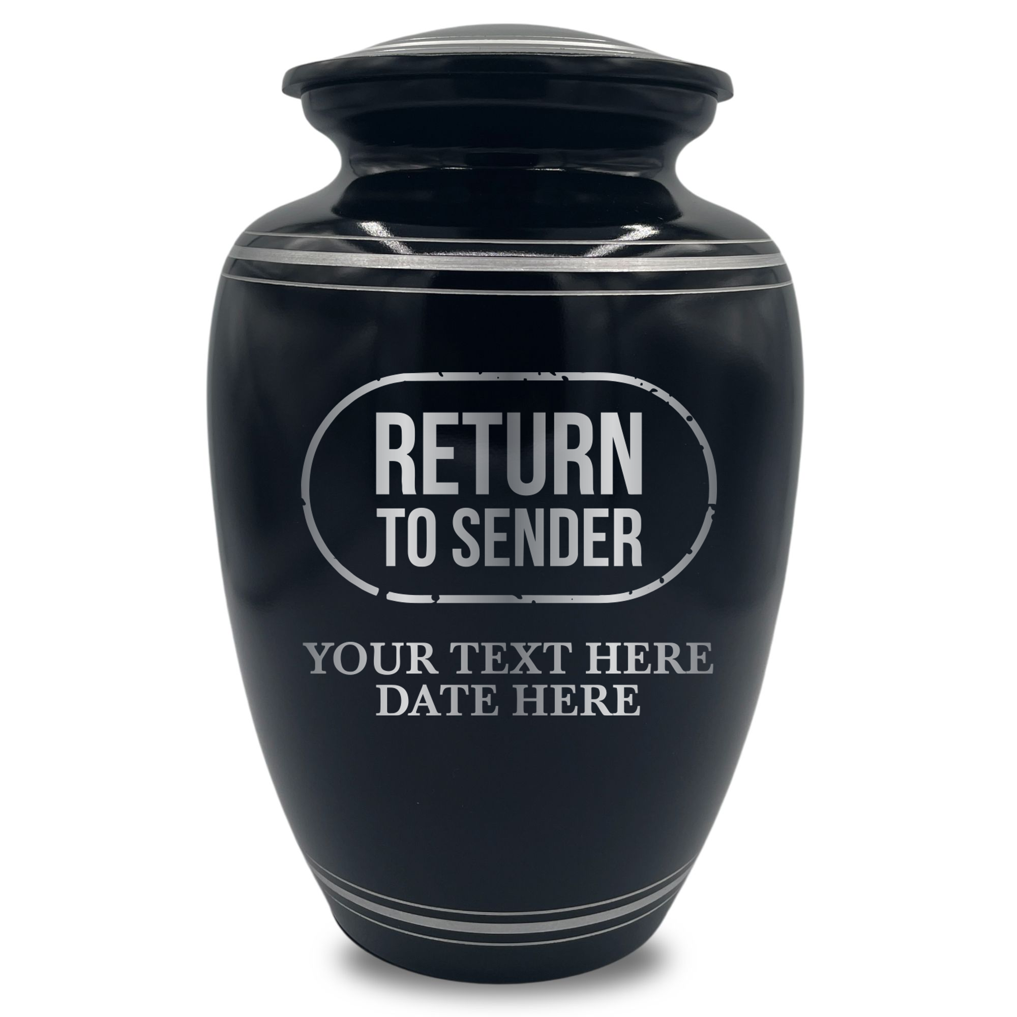 Human Cremation Urn - 350 Cubic Inch Capacity - Black with Silver Rim | Office Humor