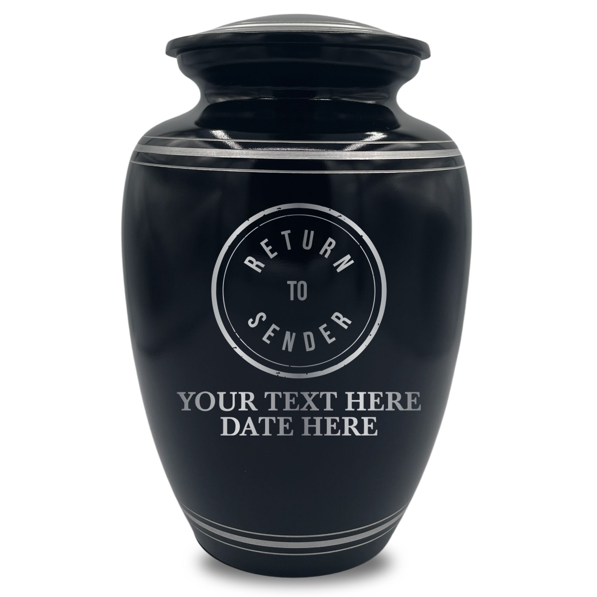 Human Cremation Urn - 350 Cubic Inch Capacity - Black with Silver Rim | Office Humor