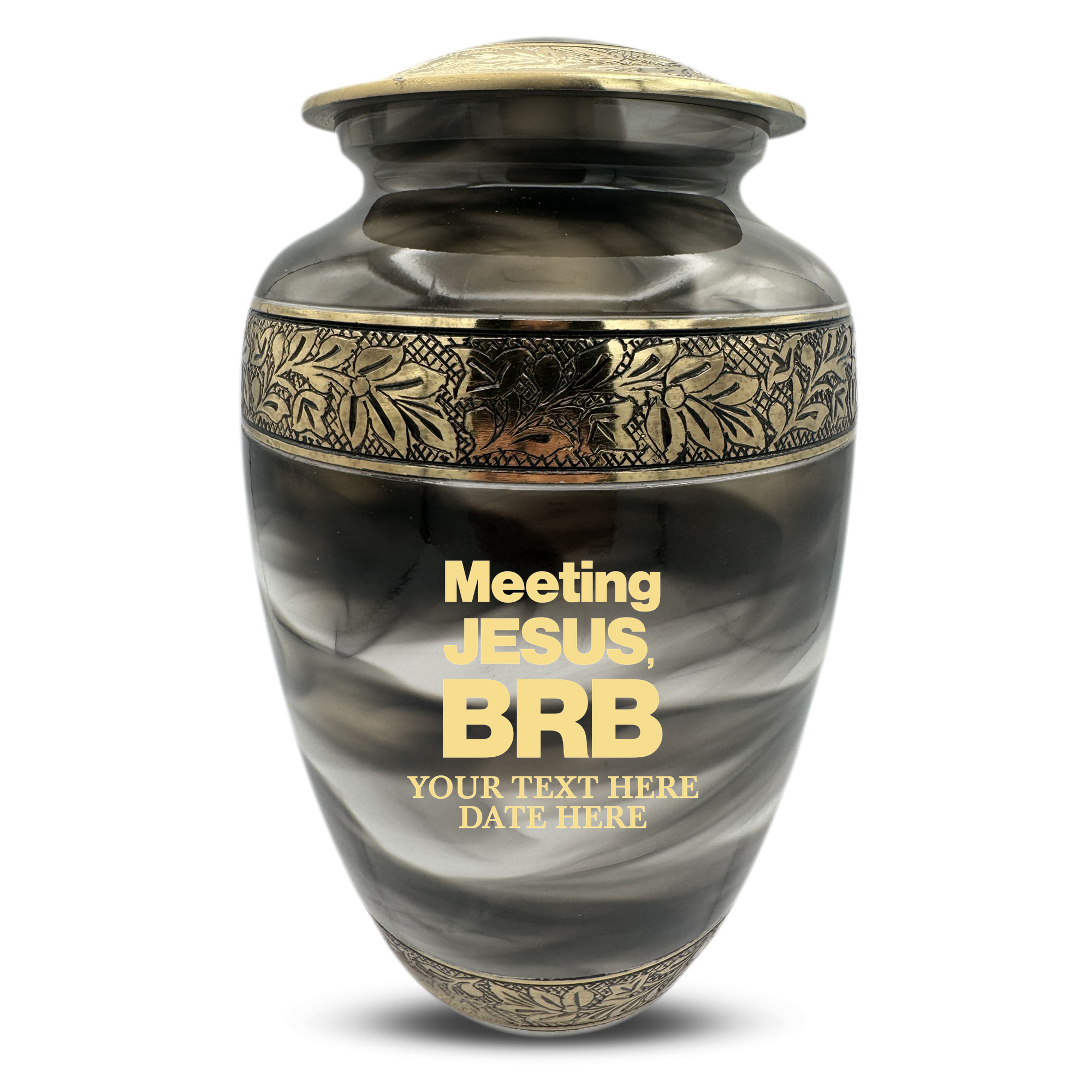 Custom Aluminum Cremation Urn for Human Ashes - Suzesta Pearl White Memorial Urn - Funny Religious Design - 200 Cubic Inch