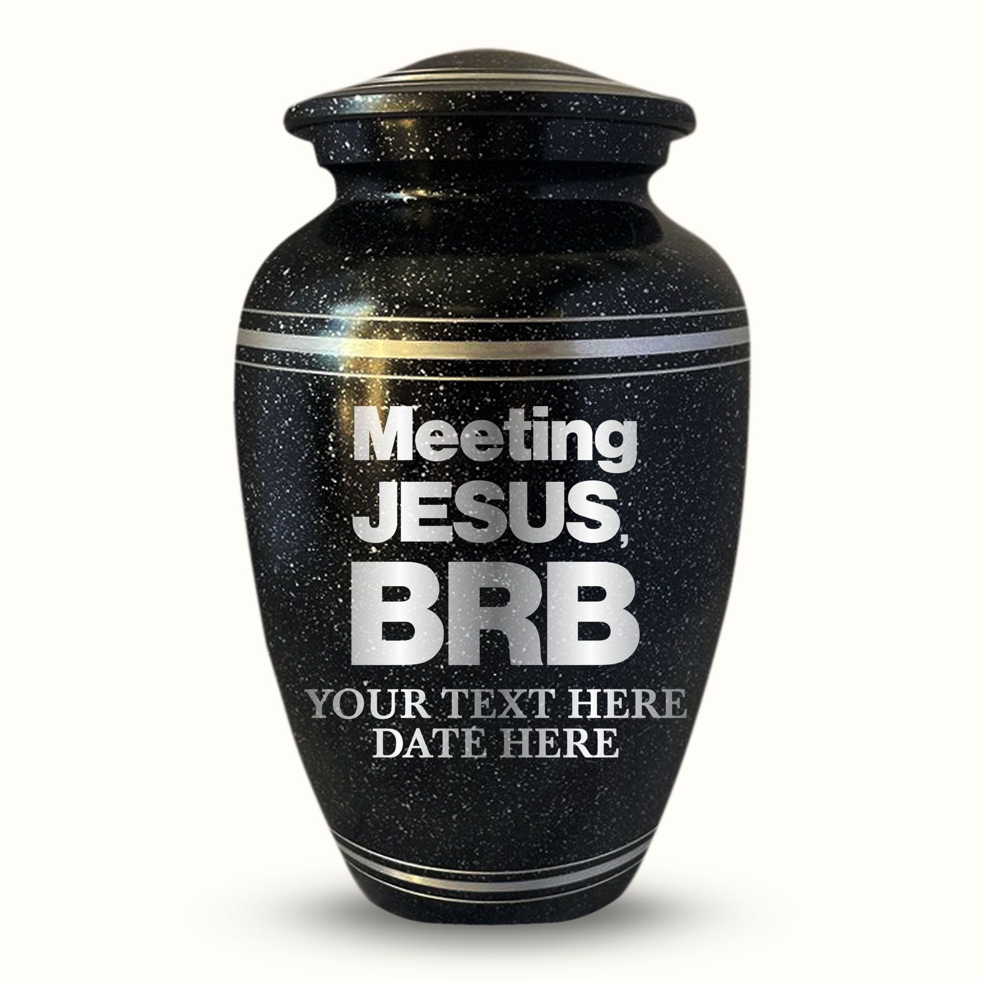 Spotted Black Aluminum with Silver Rim Human Cremation Urn - 200 Cubic Inch | Christian Humor