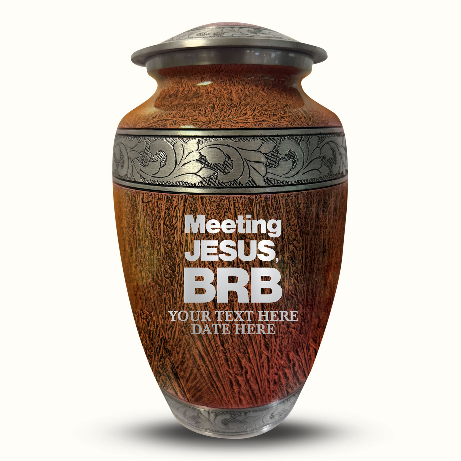 Custom Aluminum Human Urn - Elevate Collection - Funny Religious Design - Distressed Finish - 200 Cubic Inch