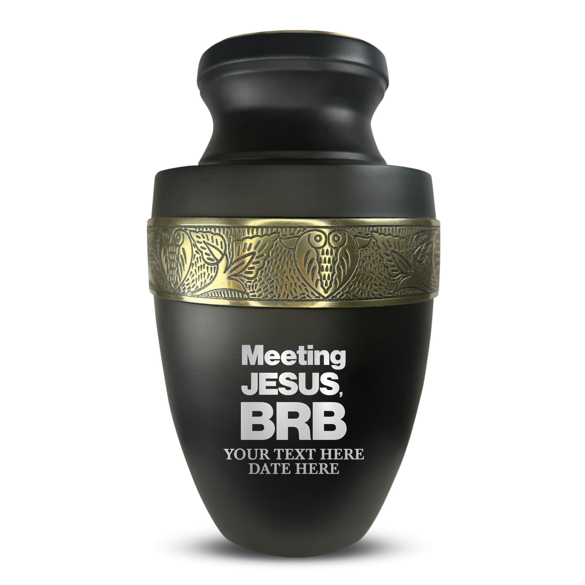 Custom Aluminum Human Urn - Funny Religious Design - Elite Collection with Gold Inlay - 200 Cubic Inch