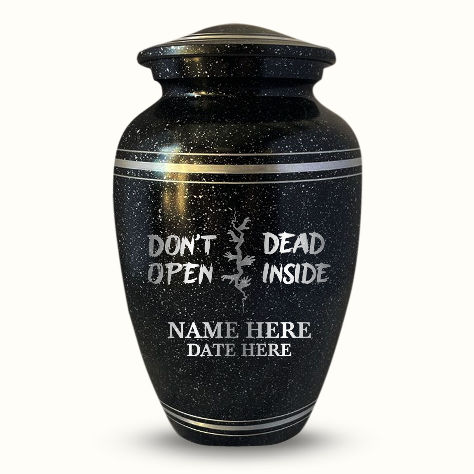 Spotted Black Aluminum with Silver Rim Human Cremation Urn - 200 Cubic Inch | Funny Pop Culture