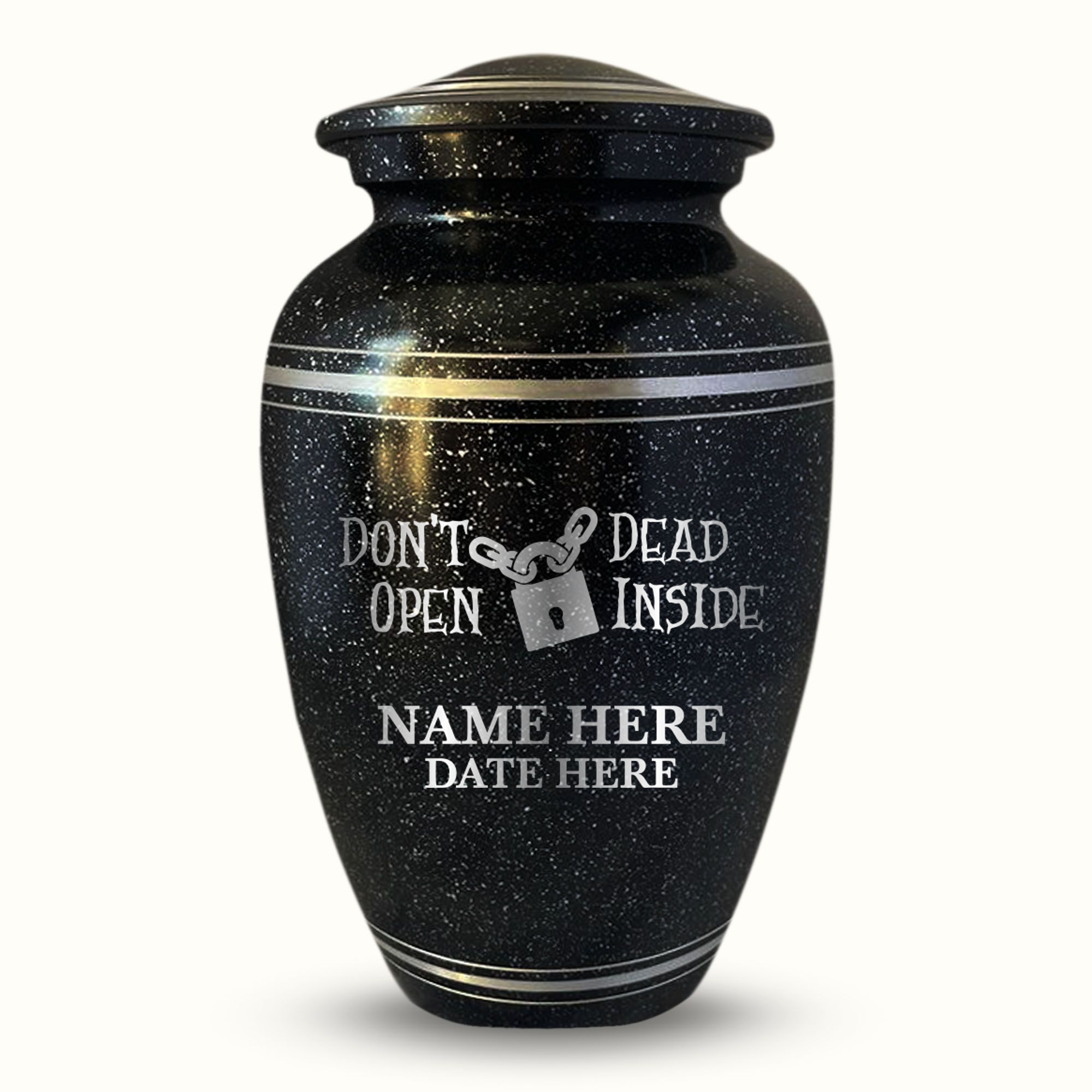 Spotted Black Aluminum with Silver Rim Human Cremation Urn - 200 Cubic Inch | Funny Pop Culture