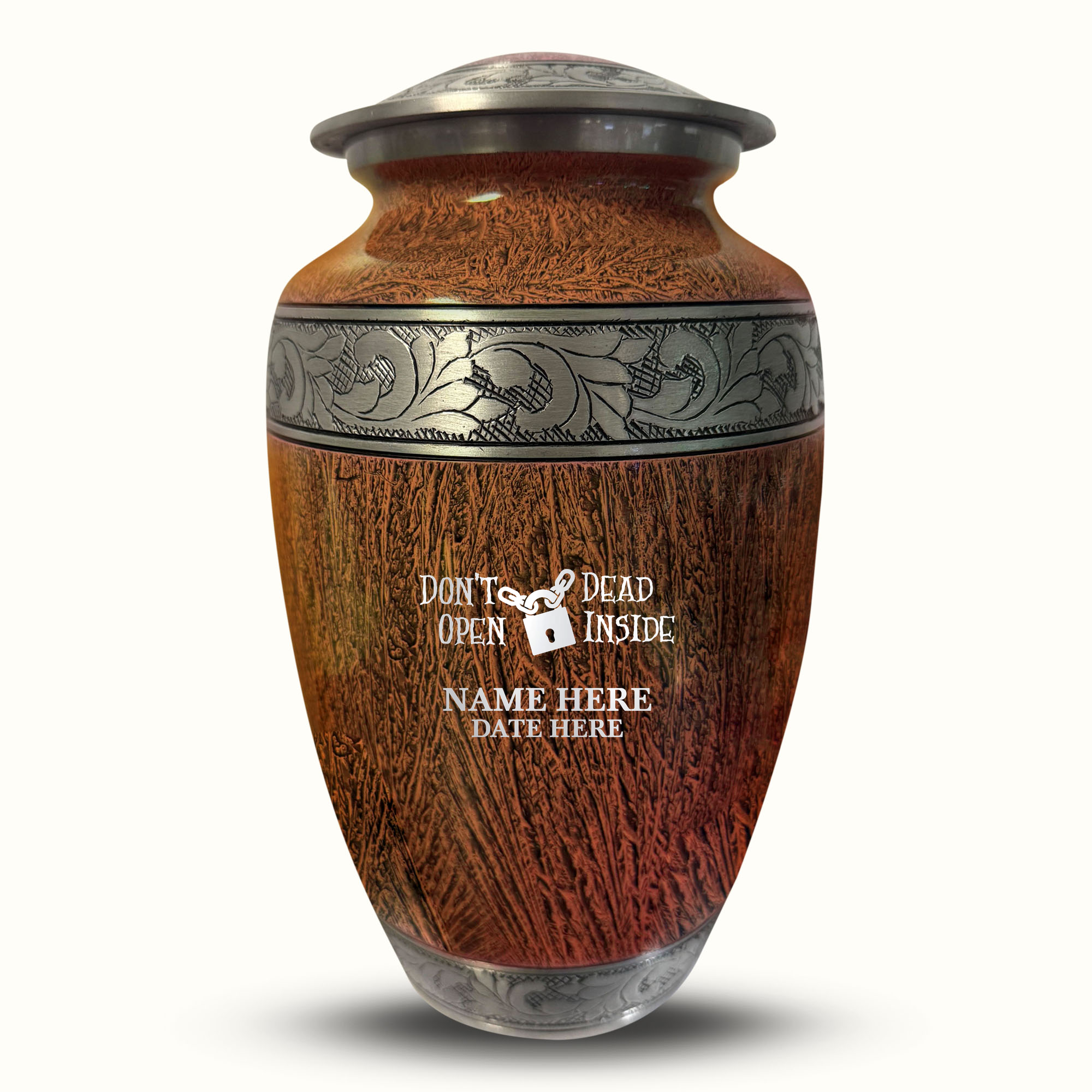 Custom Large Cremation Urn for Human Ashes - Elevate Collection - Funny TV Design - Distressed Finish - 200 Cubic Inch
