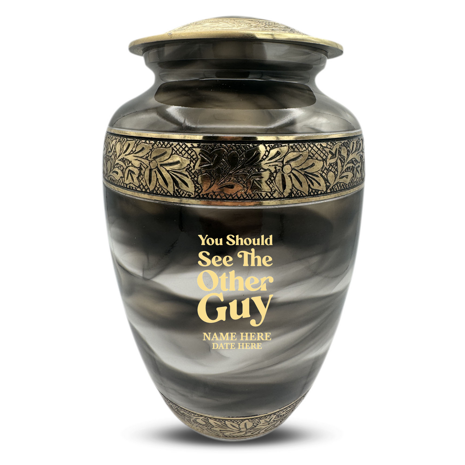 Custom Aluminum Human Urns - Suzesta Pearl White Memorial Urn - Dark Humor Design - 200 Cubic Inch