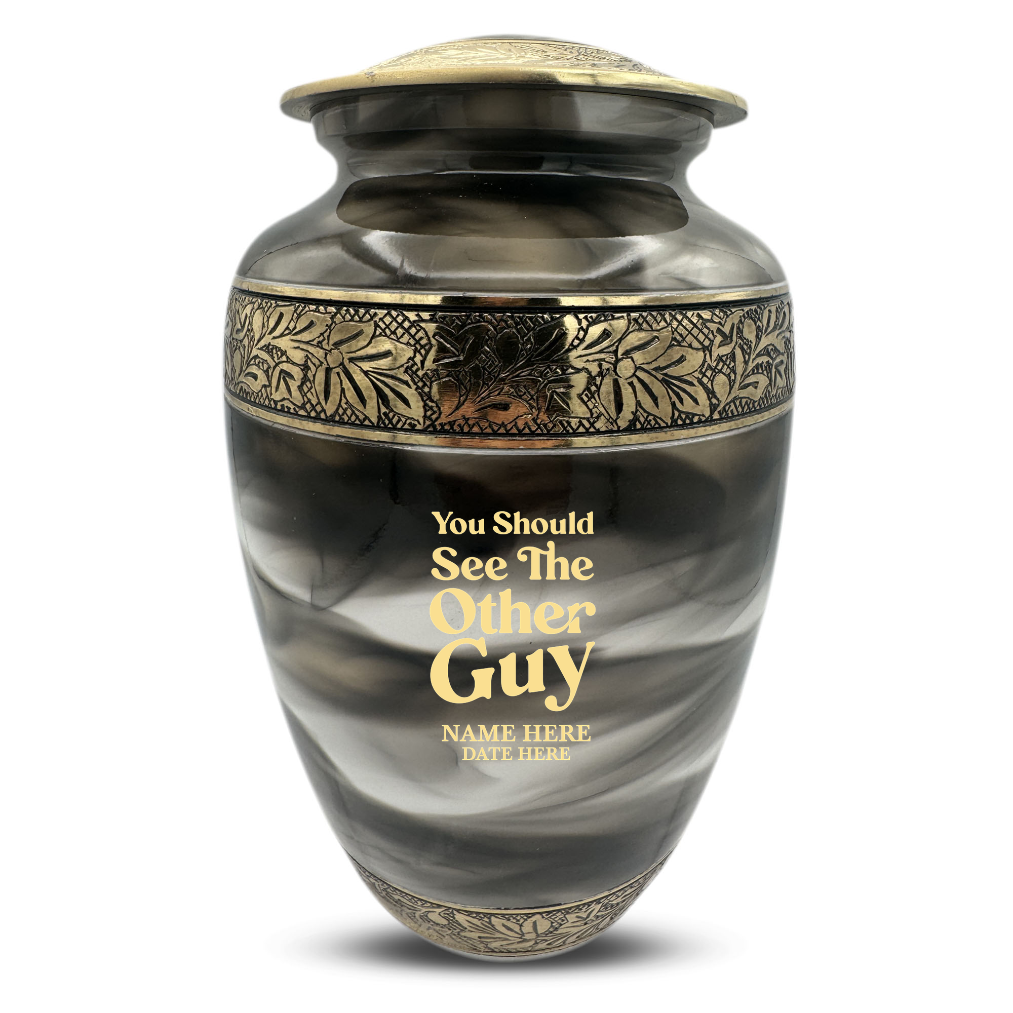 Custom Aluminum Cremation Urn for Human Ashes - Suzesta Pearl White Memorial Urn - Dark Humor Design - 200 Cubic Inch