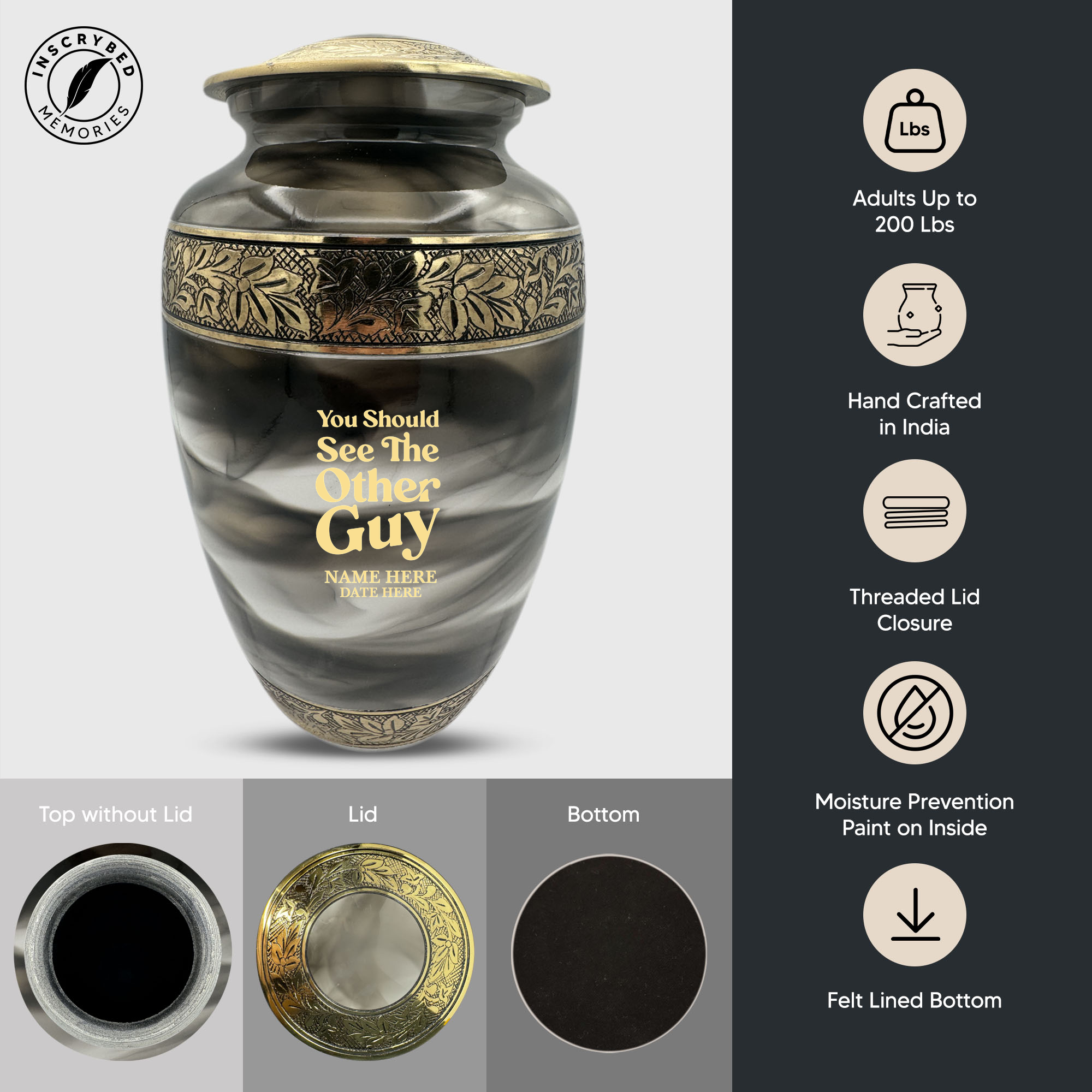 Custom Aluminum Cremation Urn for Human Ashes - Suzesta Pearl White Memorial Urn - Dark Humor Design - 200 Cubic Inch
