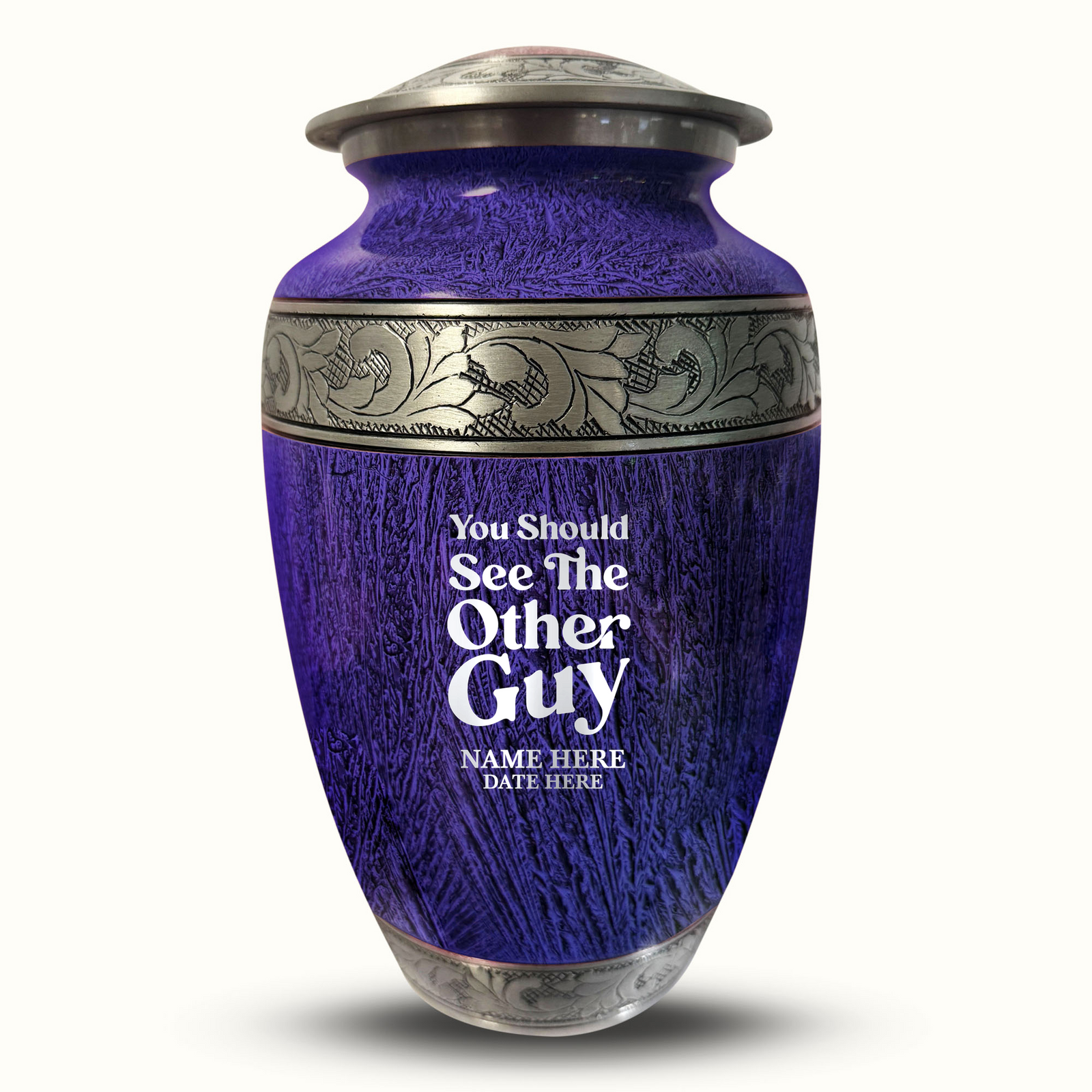 Custom Aluminum Human Urn - Elevate Collection - Dark Humor Design - Distressed Finish - 200 Cubic Inch