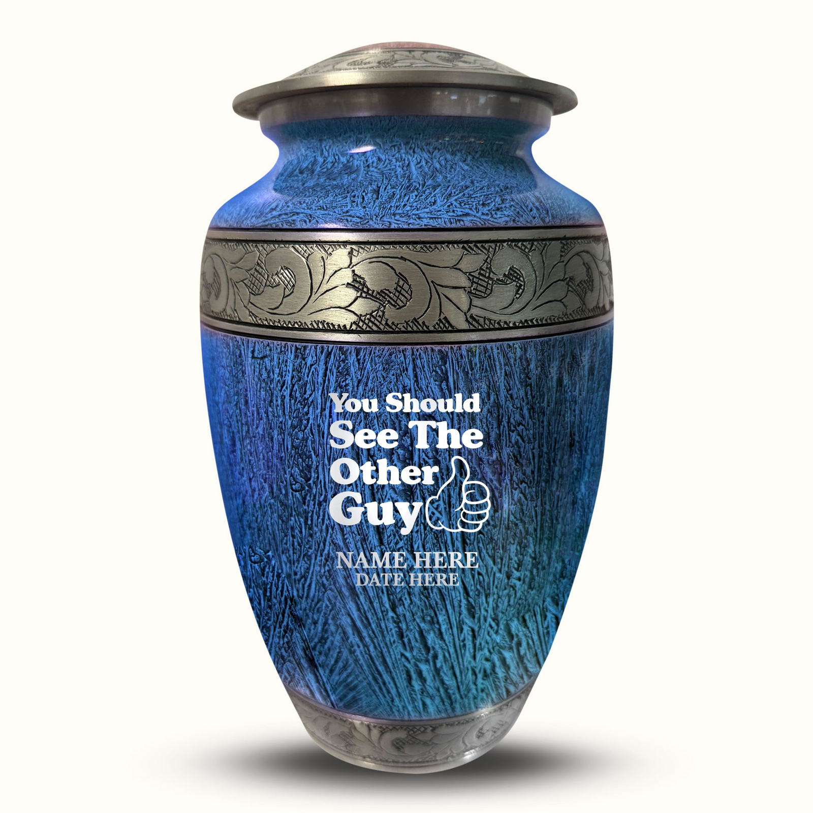 Custom Aluminum Human Urn - Elevate Collection - Dark Humor Design - Distressed Finish - 200 Cubic Inch