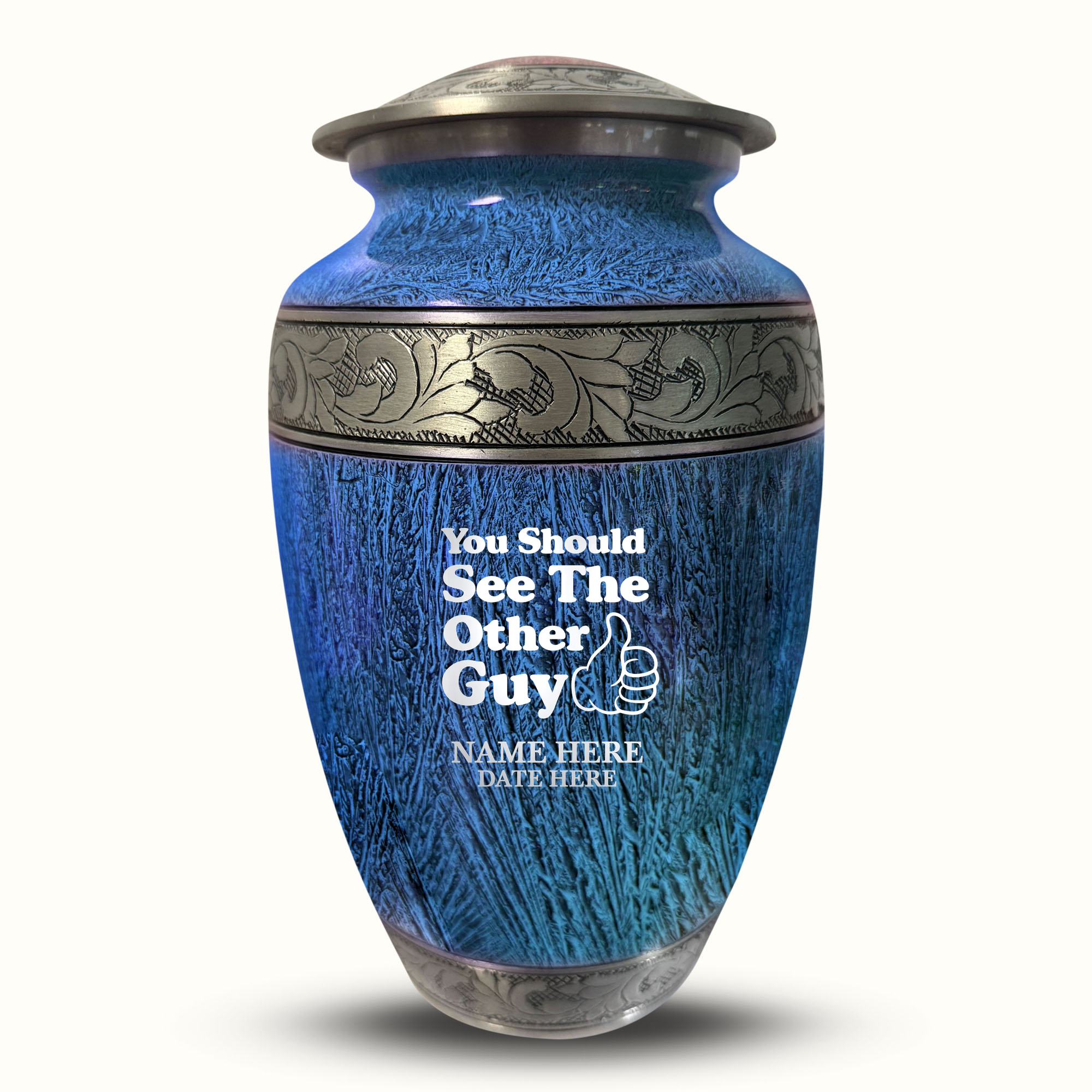 Custom Large Cremation Urn for Human Ashes - Elevate Collection - Dark Humor Design - Distressed Finish - 200 Cubic Inch