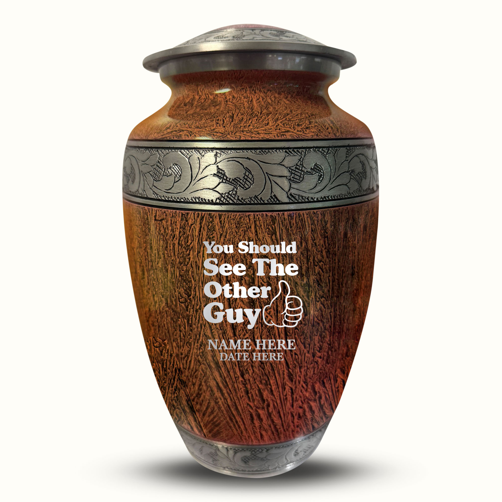 Custom Large Cremation Urn for Human Ashes - Elevate Collection - Dark Humor Design - Distressed Finish - 200 Cubic Inch