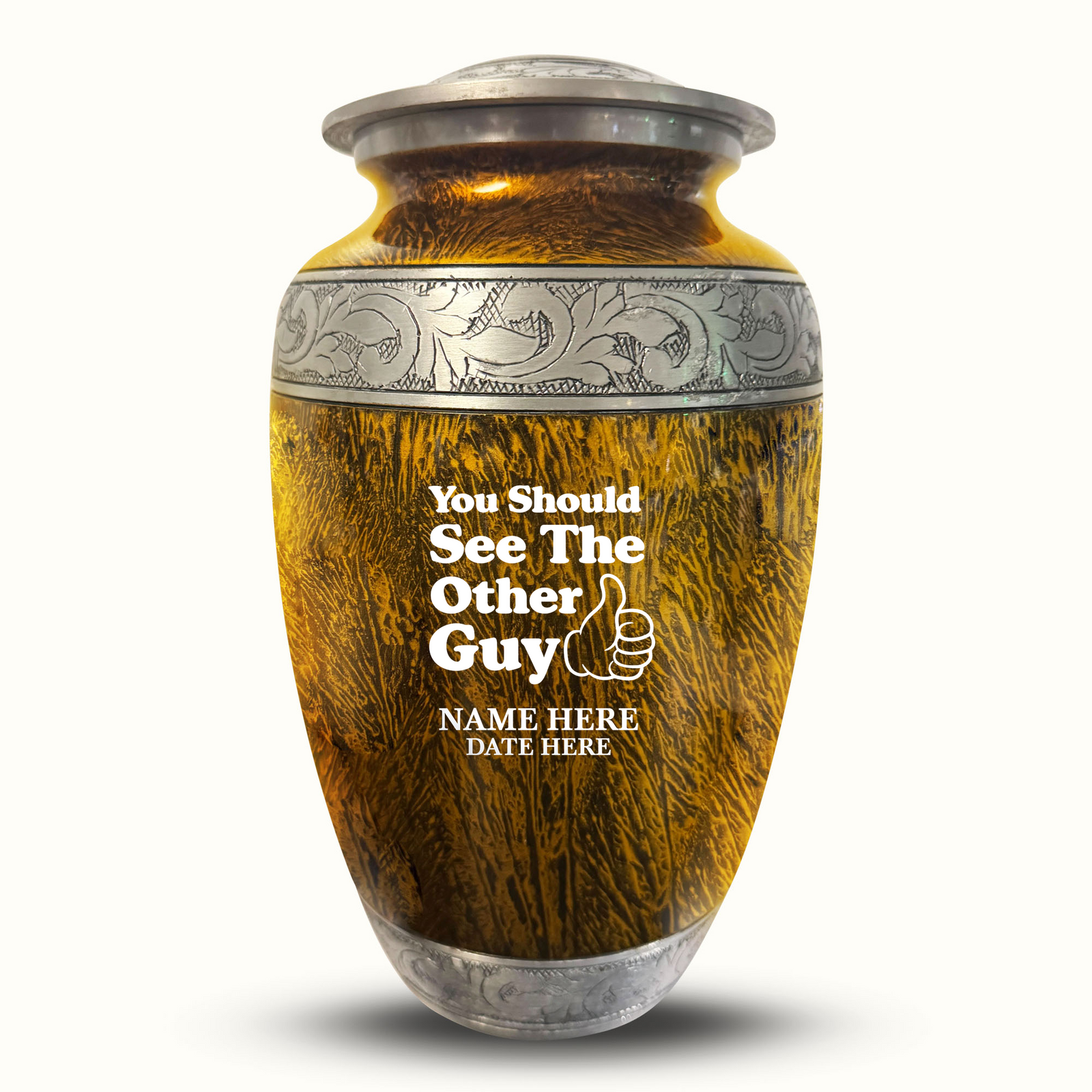 Custom Aluminum Human Urn - Elevate Collection - Dark Humor Design - Distressed Finish - 200 Cubic Inch