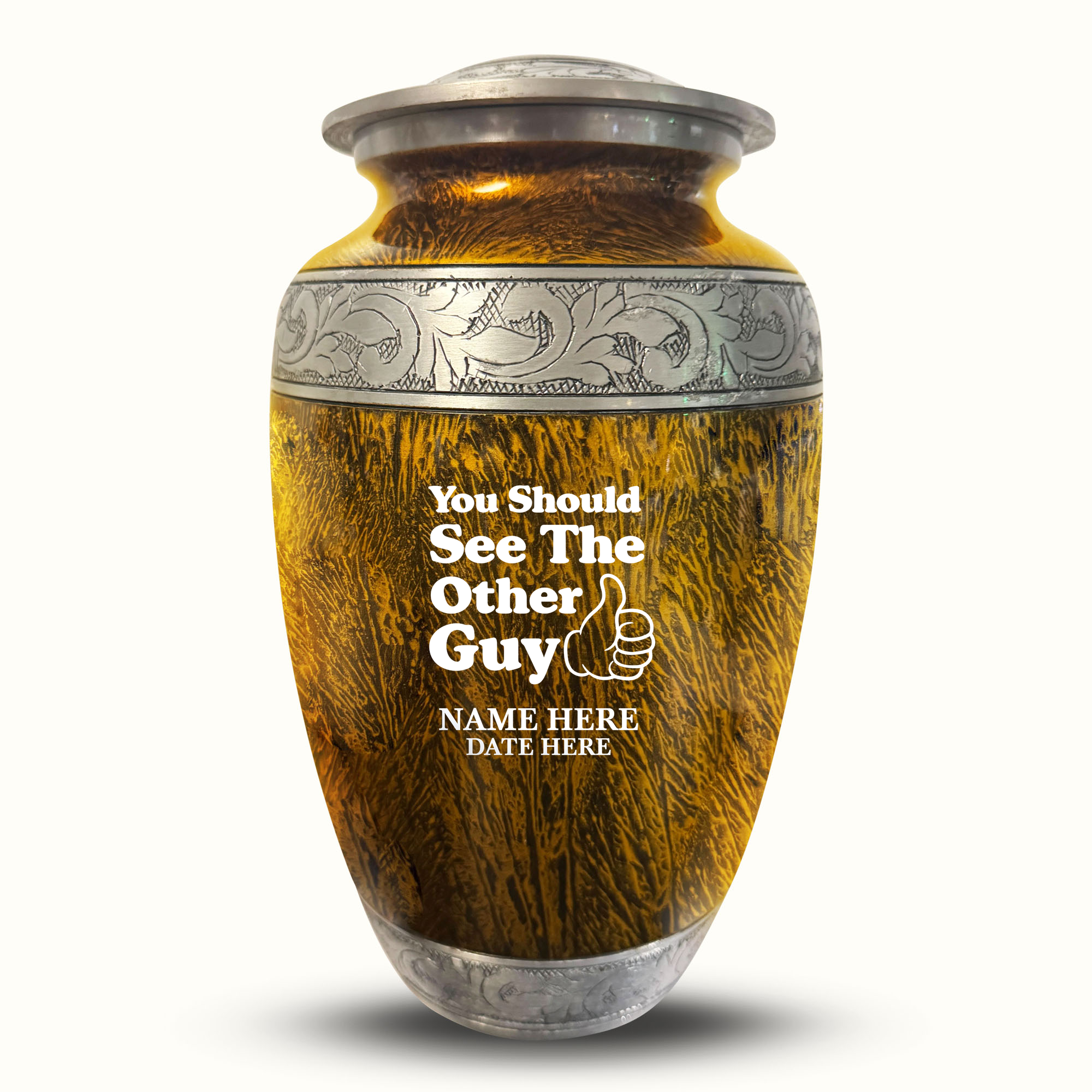 Custom Large Cremation Urn for Human Ashes - Elevate Collection - Dark Humor Design - Distressed Finish - 200 Cubic Inch