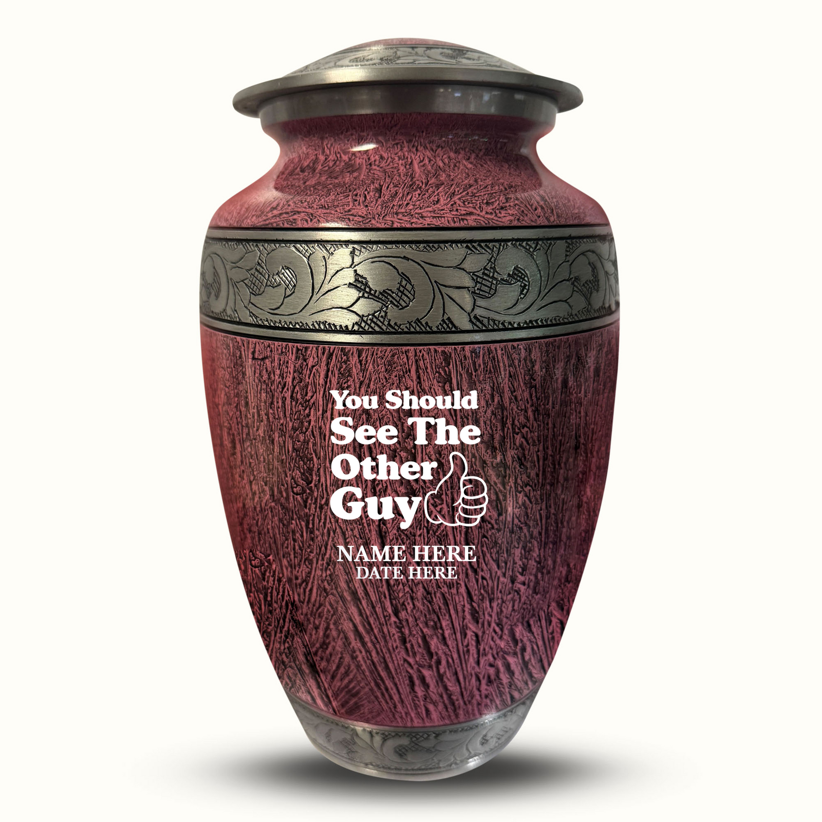 Custom Aluminum Human Urn - Elevate Collection - Dark Humor Design - Distressed Finish - 200 Cubic Inch
