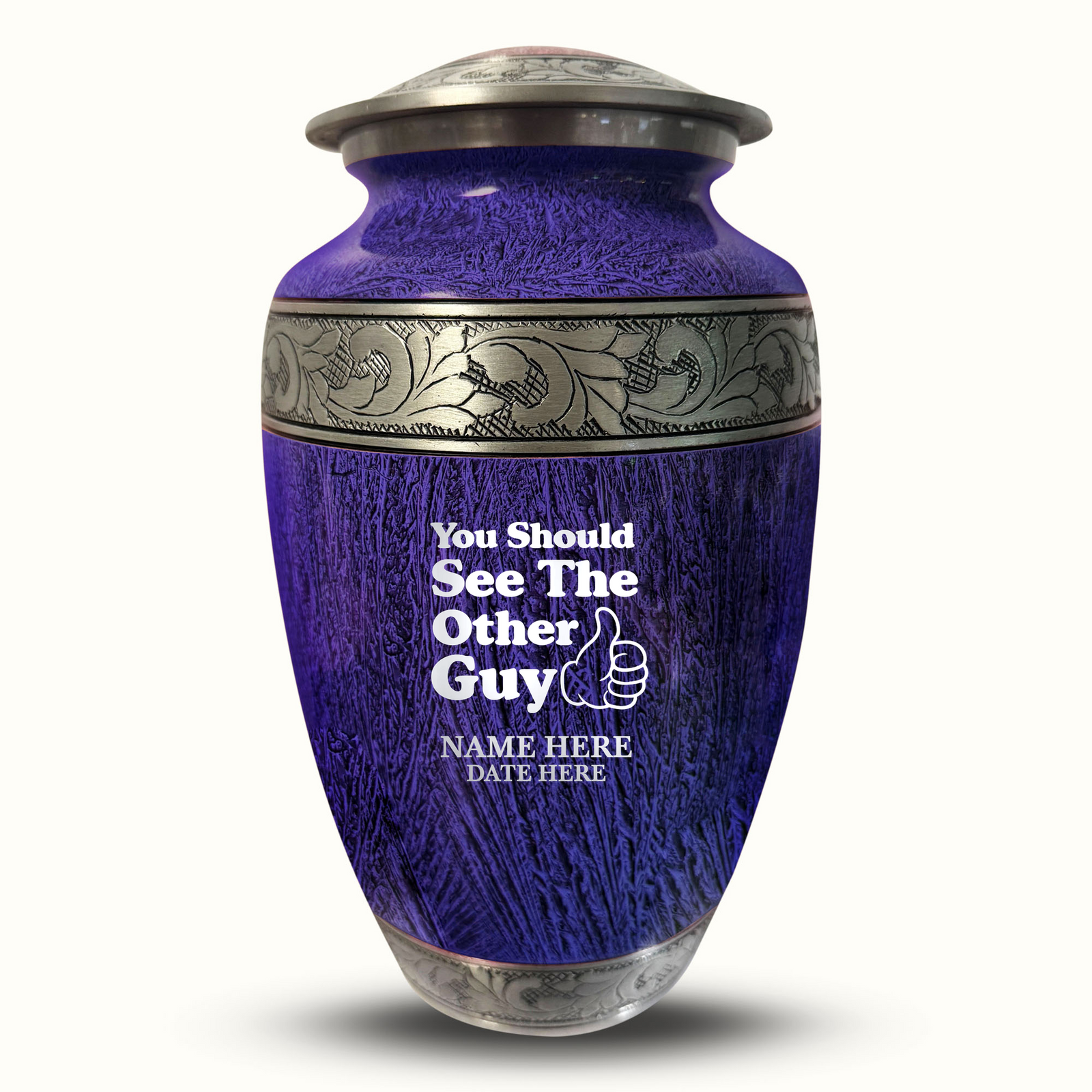 Custom Aluminum Human Urn - Elevate Collection - Dark Humor Design - Distressed Finish - 200 Cubic Inch