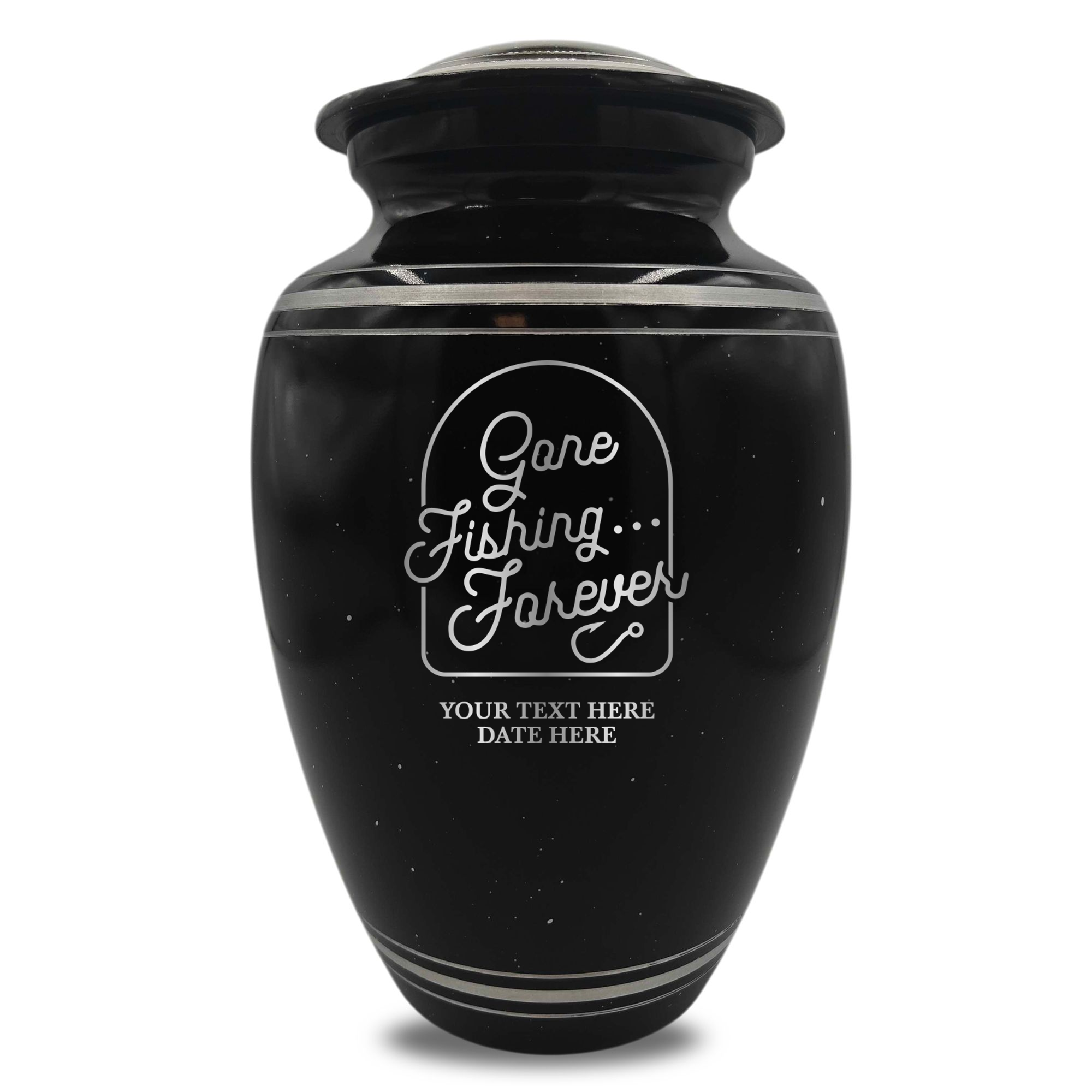 Spotted Black Aluminum with Silver Rim Human Cremation Urn - 200 Cubic Inch | Fisherman Tribute