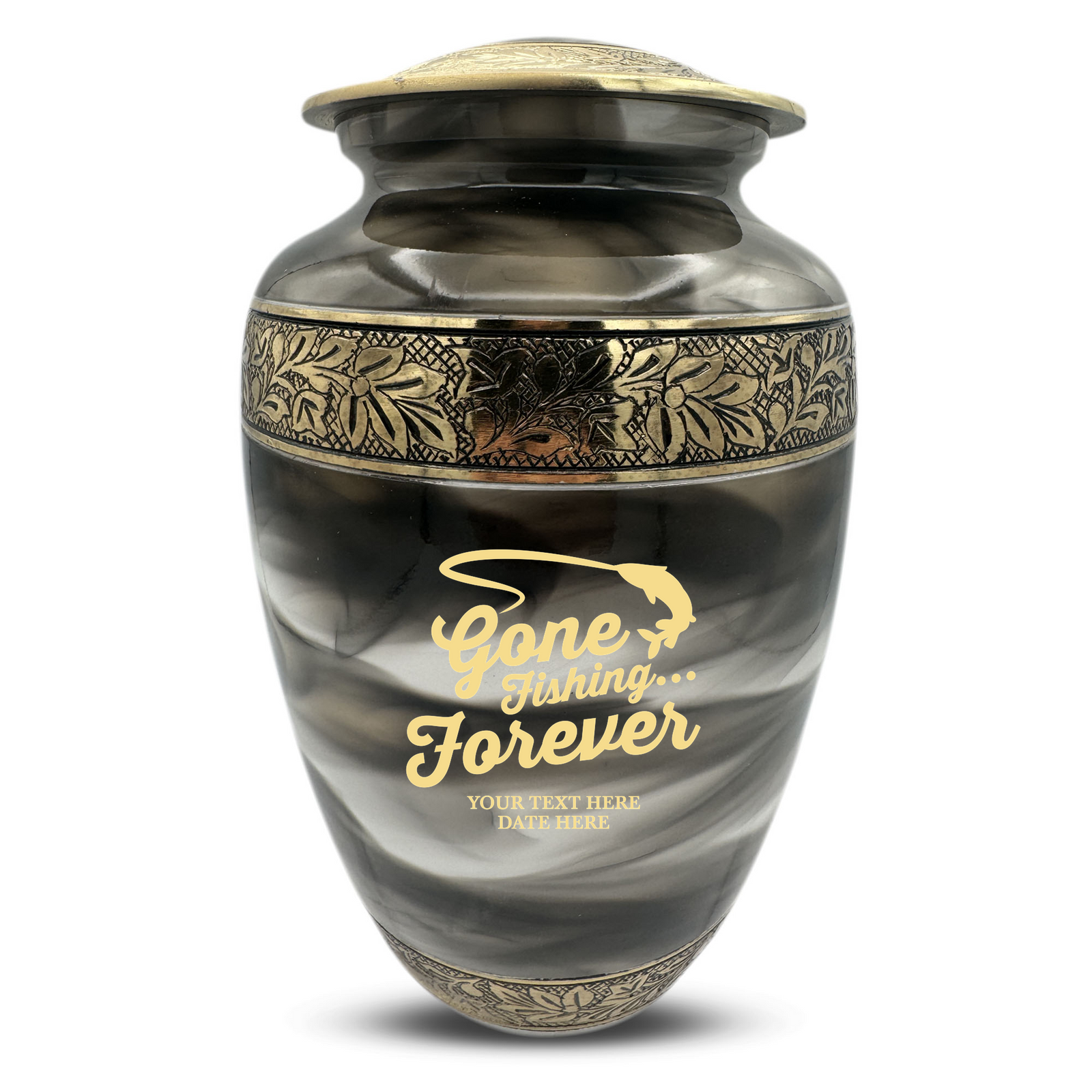 Custom Aluminum Human Urns - Suzesta Pearl White Memorial Urn - Funny Fishing Design - 200 Cubic Inch