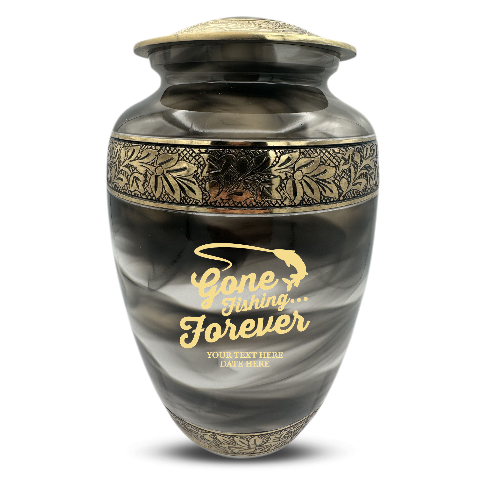 Custom Aluminum Cremation Urn for Human Ashes - Suzesta Pearl White Memorial Urn - Funny Fishing Design - 200 Cubic Inch
