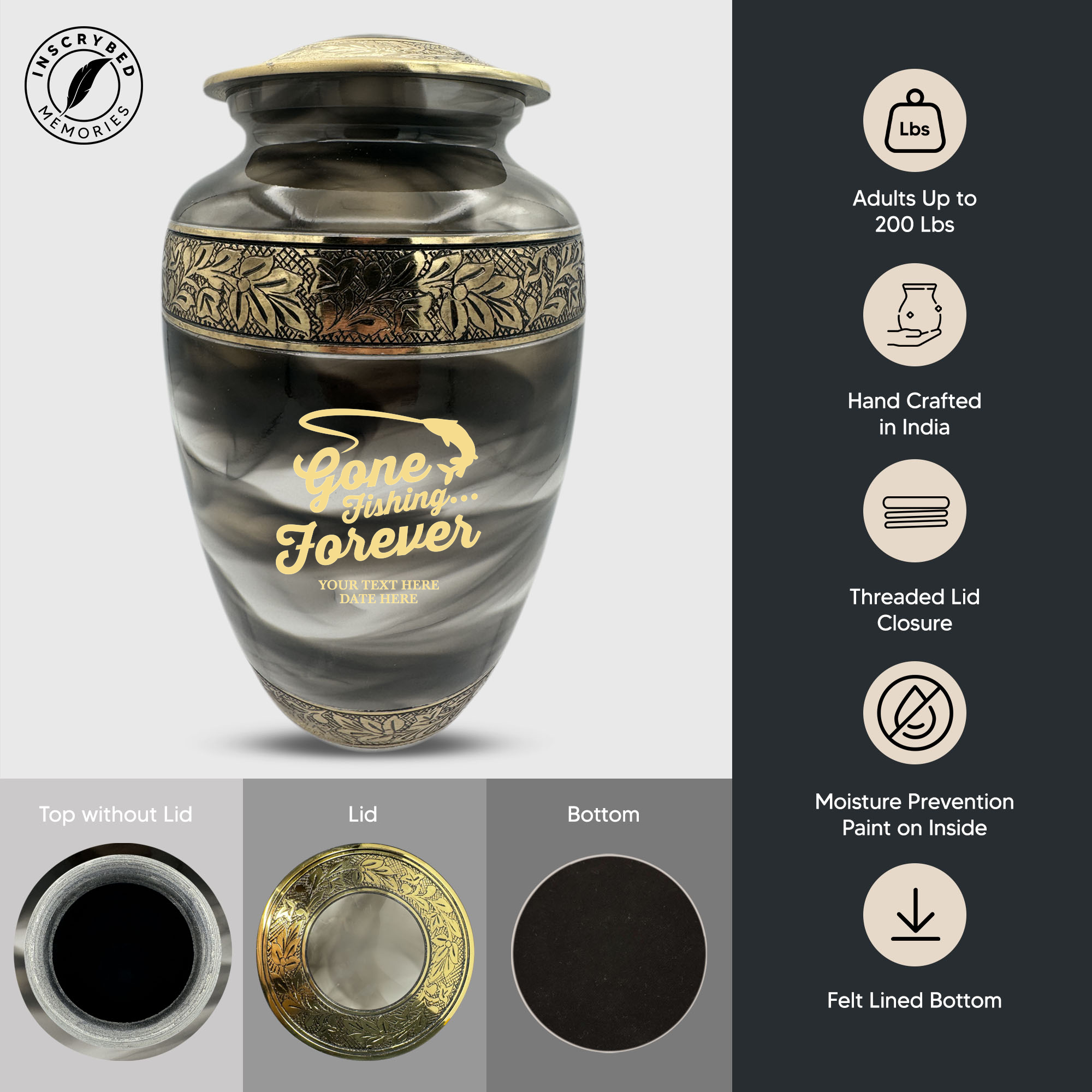 Custom Aluminum Cremation Urn for Human Ashes - Suzesta Pearl White Memorial Urn - Funny Fishing Design - 200 Cubic Inch
