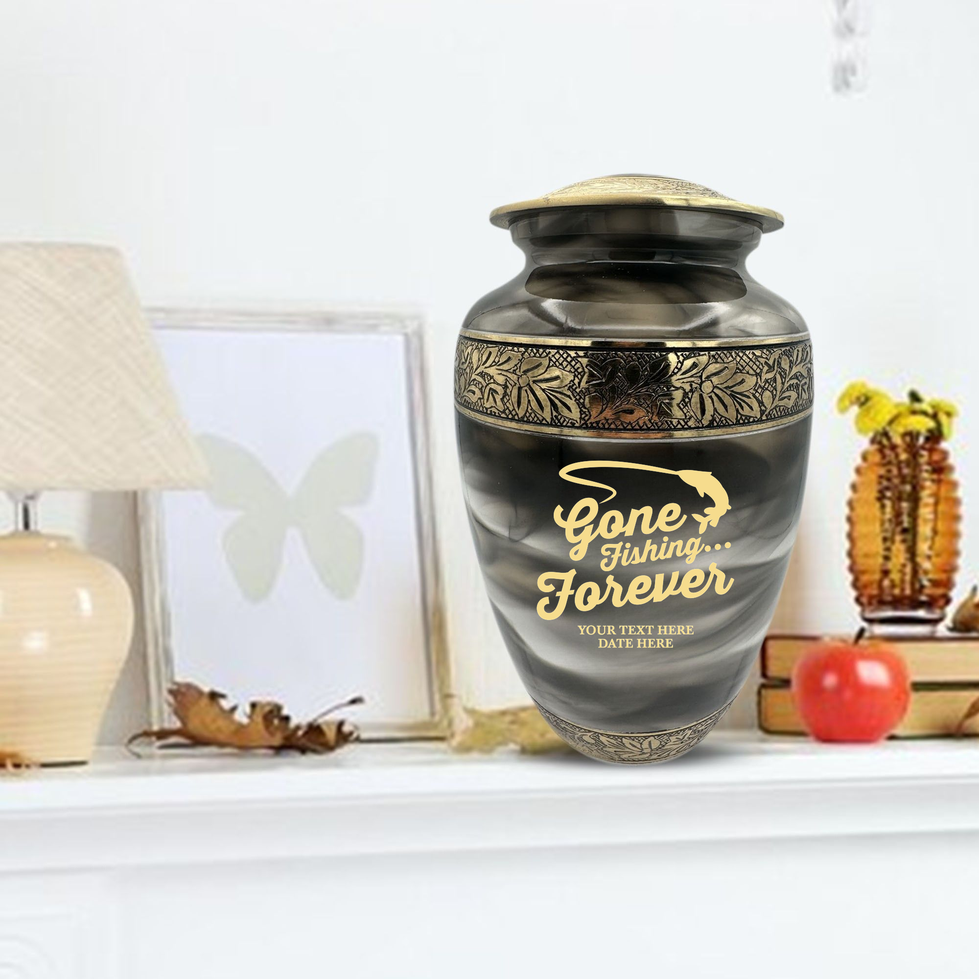 Custom Aluminum Cremation Urn for Human Ashes - Suzesta Pearl White Memorial Urn - Funny Fishing Design - 200 Cubic Inch