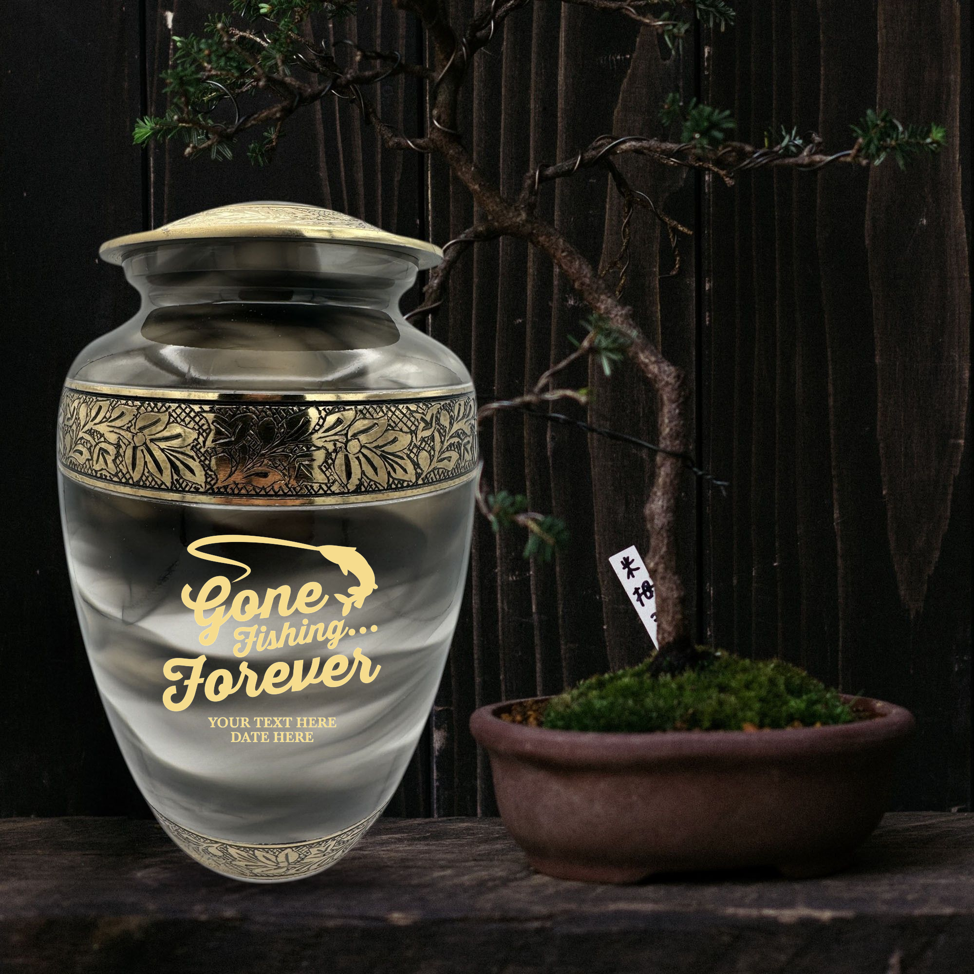 Custom Aluminum Cremation Urn for Human Ashes - Suzesta Pearl White Memorial Urn - Funny Fishing Design - 200 Cubic Inch