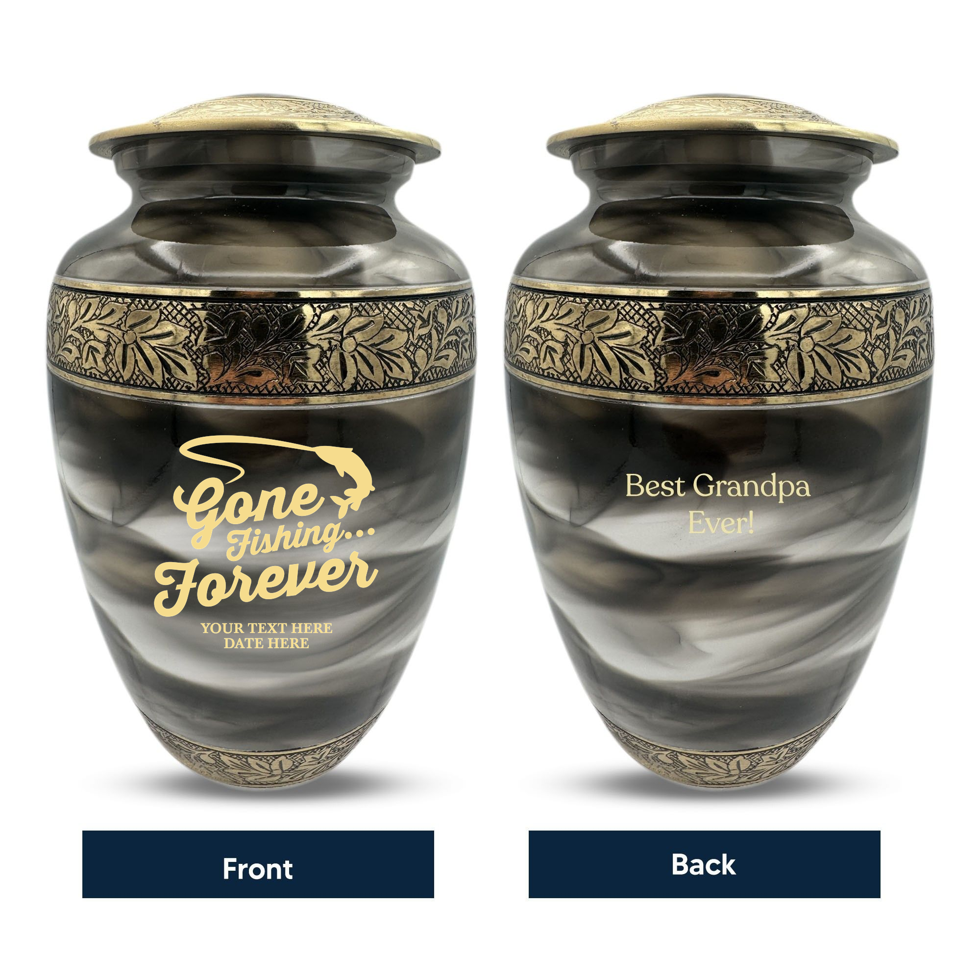 Custom Aluminum Cremation Urn for Human Ashes - Suzesta Pearl White Memorial Urn - Funny Fishing Design - 200 Cubic Inch