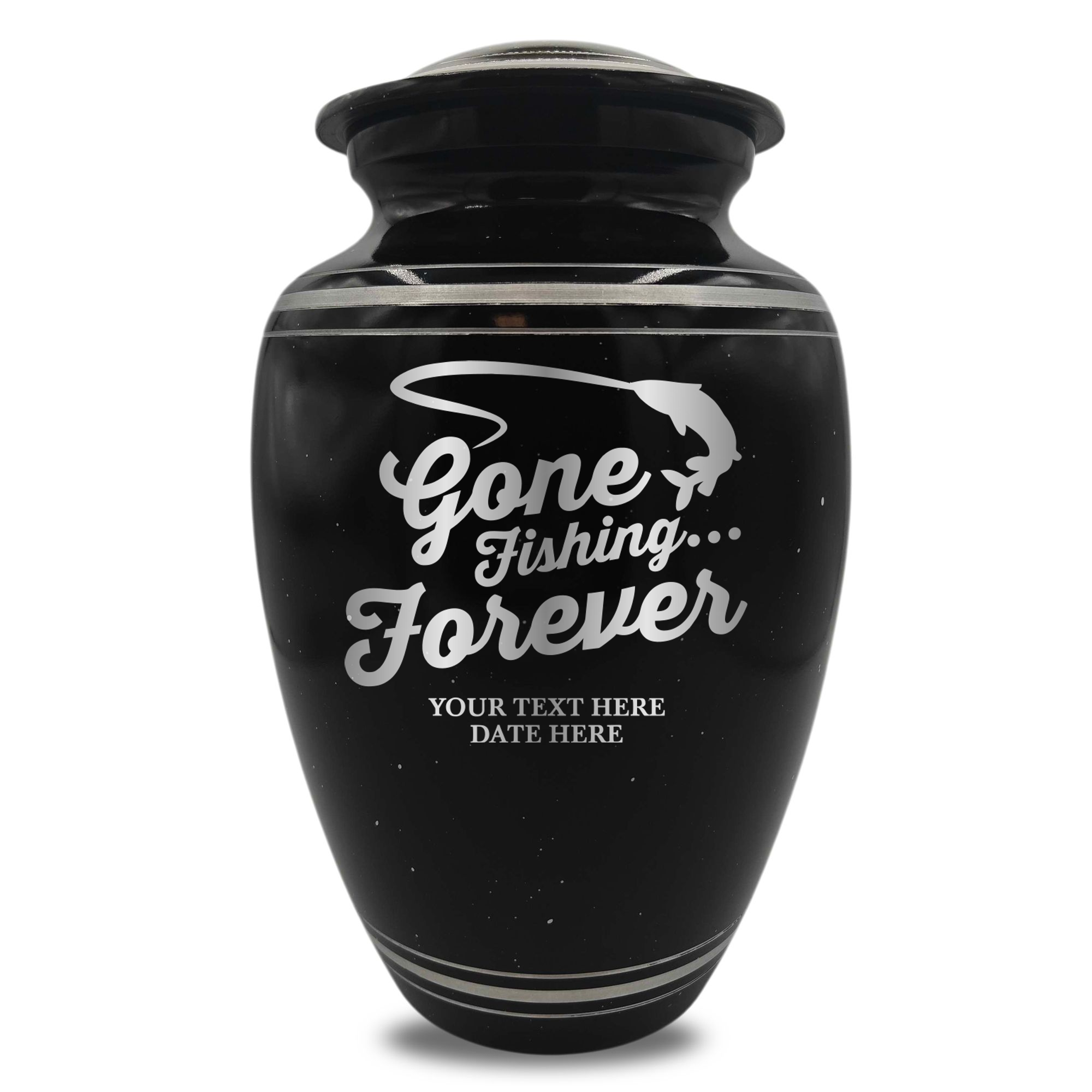 Spotted Black Aluminum with Silver Rim Human Cremation Urn - 200 Cubic Inch | Fisherman Tribute