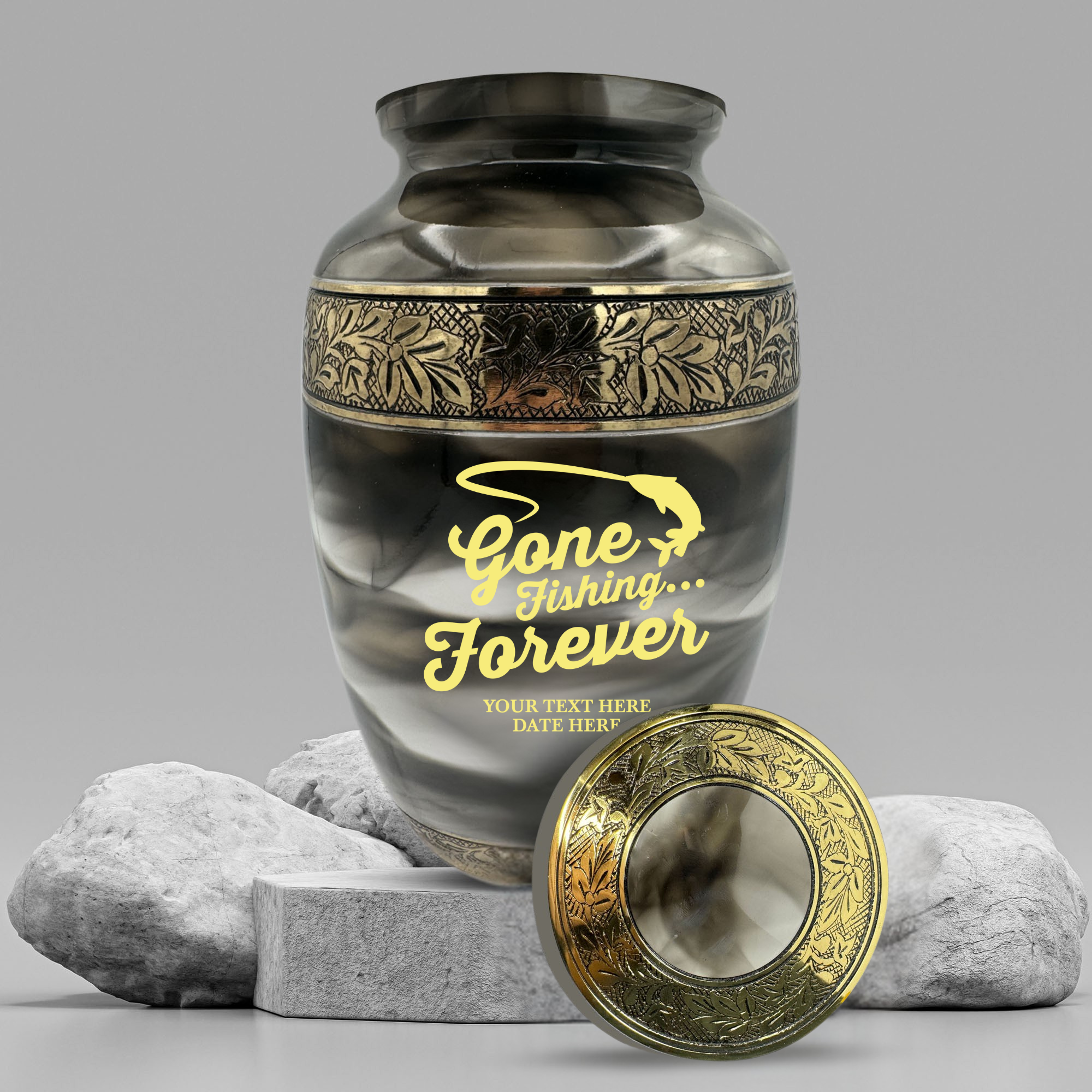 Custom Aluminum Cremation Urn for Human Ashes - Suzesta Pearl White Memorial Urn - Funny Fishing Design - 200 Cubic Inch