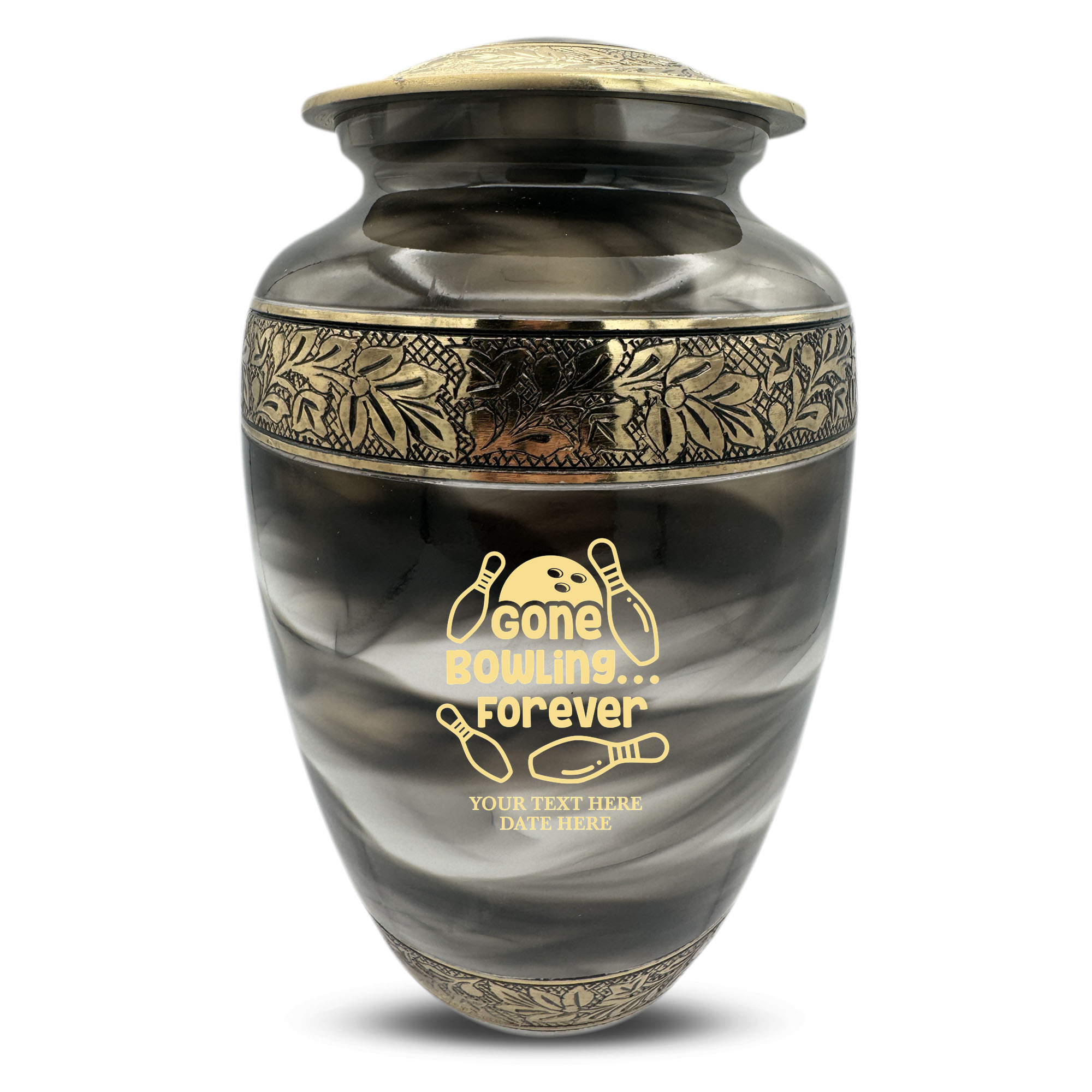Custom Aluminum Cremation Urn for Human Ashes - Suzesta Pearl White Memorial Urn - Funny Bowling Design - 200 Cubic Inch