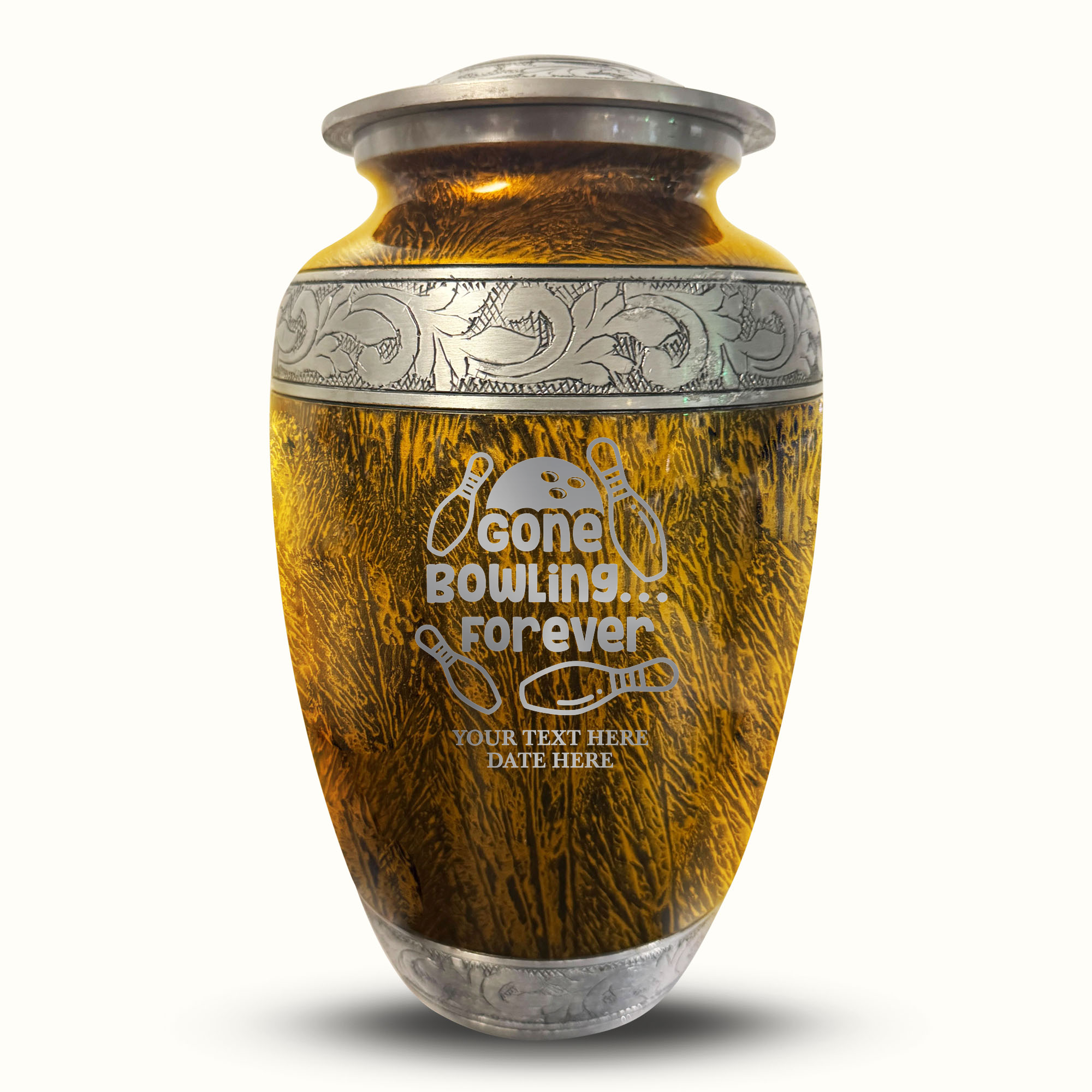 Custom Large Cremation Urn for Human Ashes - Elevate Collection - Funny Bowling Design - Distressed Finish - 200 Cubic Inch