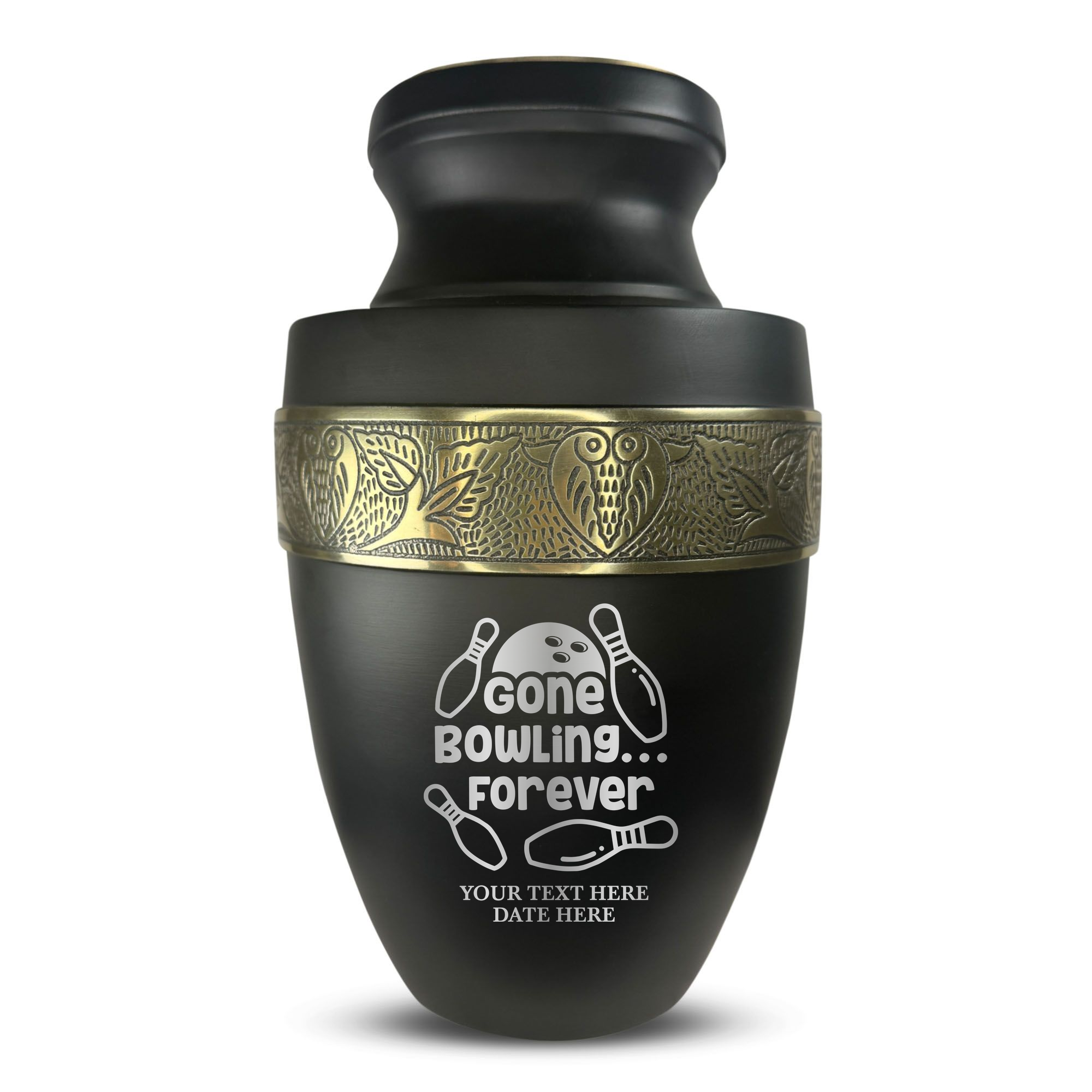 Elite Human Cremation Urn - 200 Cubic Inch - Aluminum with Gold Inlay | Gone Bowling Tribute