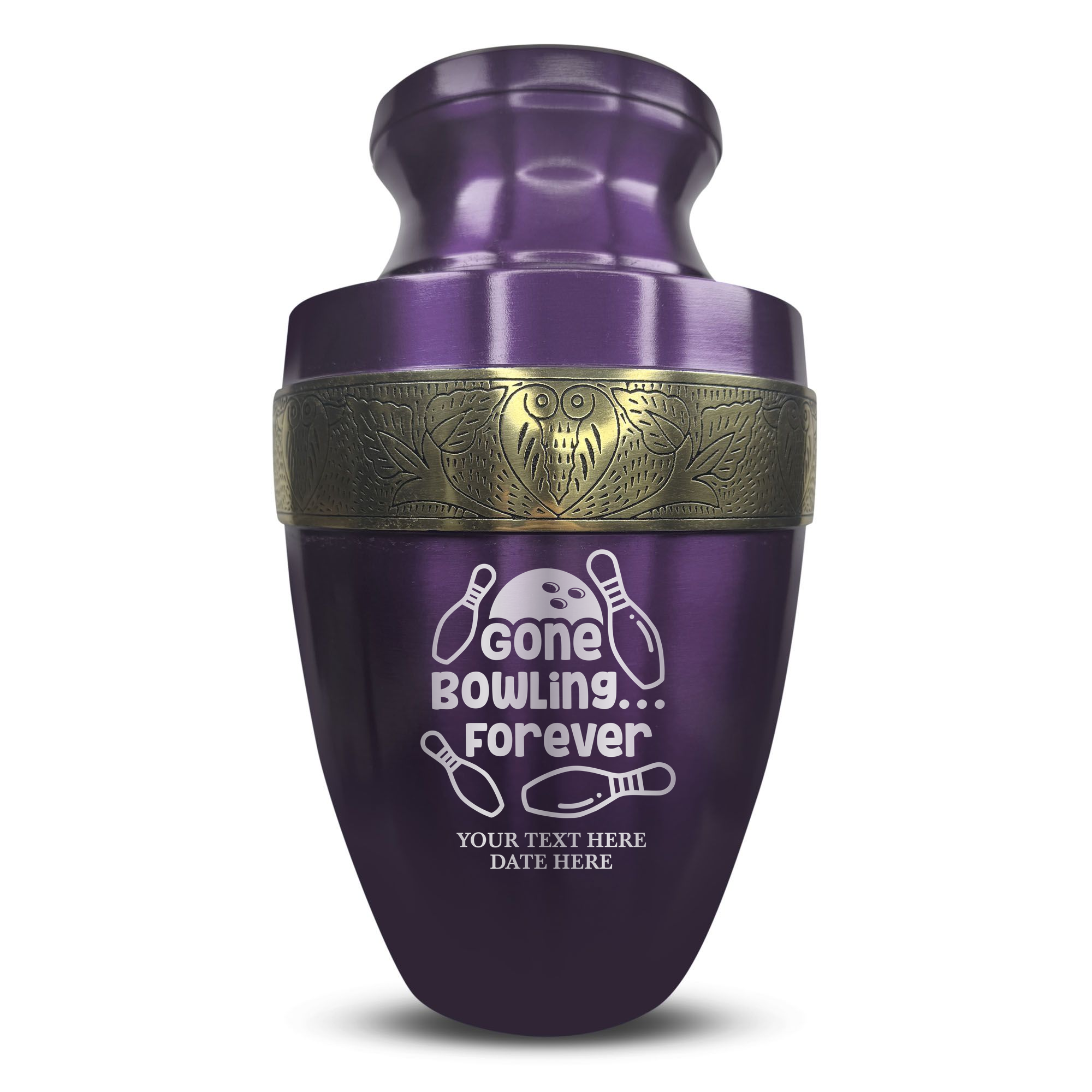 Elite Human Cremation Urn - 200 Cubic Inch - Aluminum with Gold Inlay | Gone Bowling Tribute