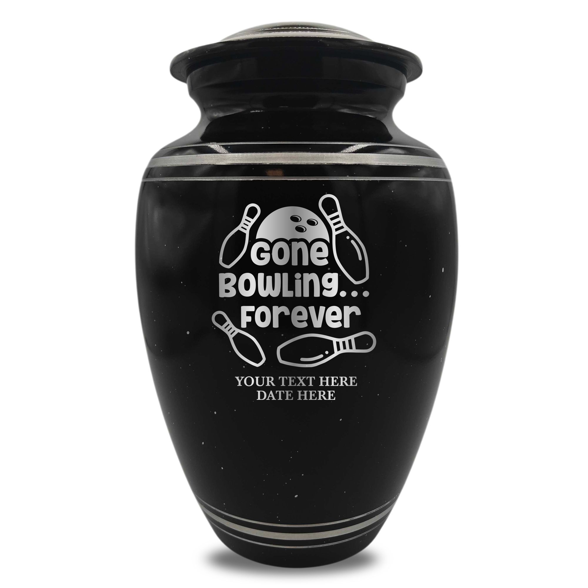 Spotted Black Aluminum with Silver Rim Human Cremation Urn - 200 Cubic Inch | Gone Bowling Tribute