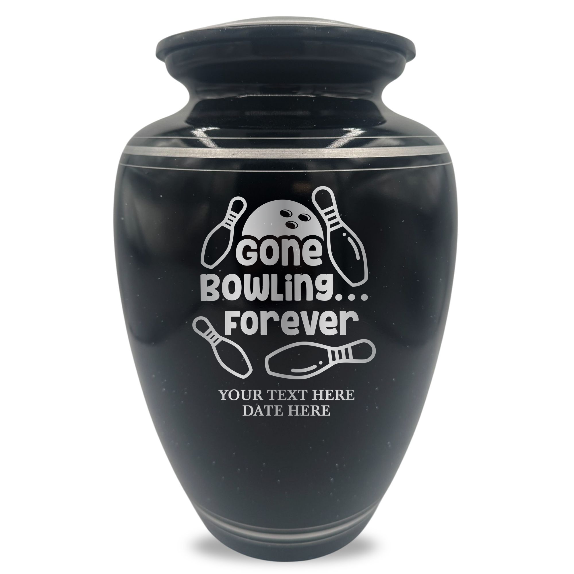 Extra Large Human Cremation Urn - 350 Cubic Inch - Black Spotted Finish with Silver Rim | Gone Bowling Tribute Collection