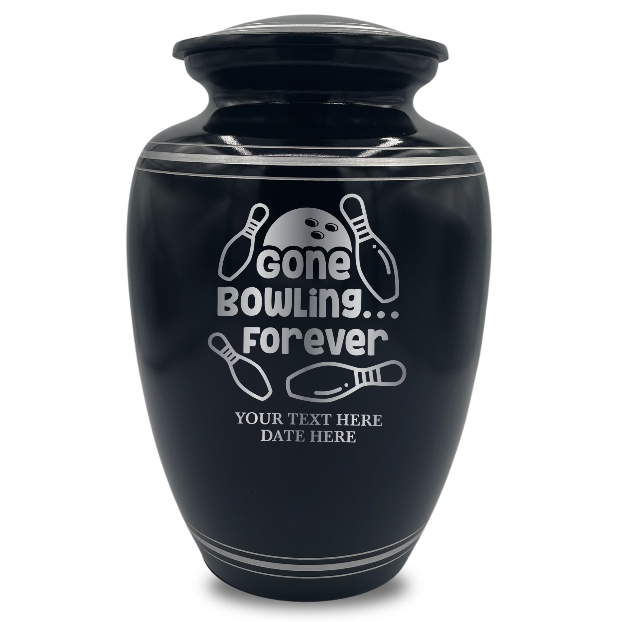 Human Cremation Urn - 350 Cubic Inch Capacity - Black with Silver Rim | Gone Bowling Tribute Collection
