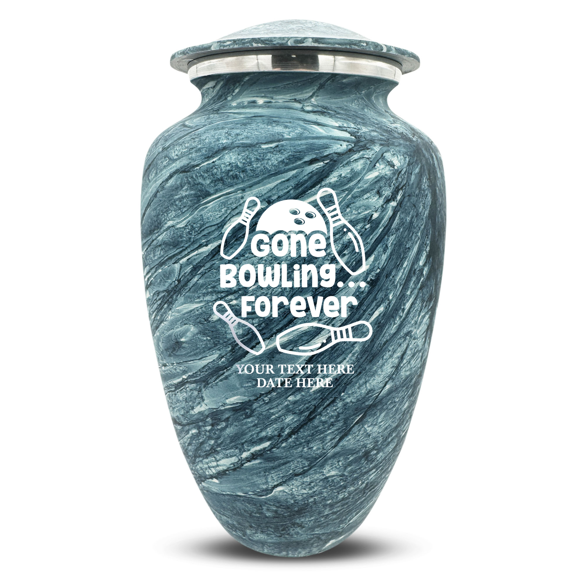 Custom Large Cremation Urn for Human Ashes - Soft Whisper Collection - Funny Bowling Design - Distressed Finish - 200 Cubic Inch